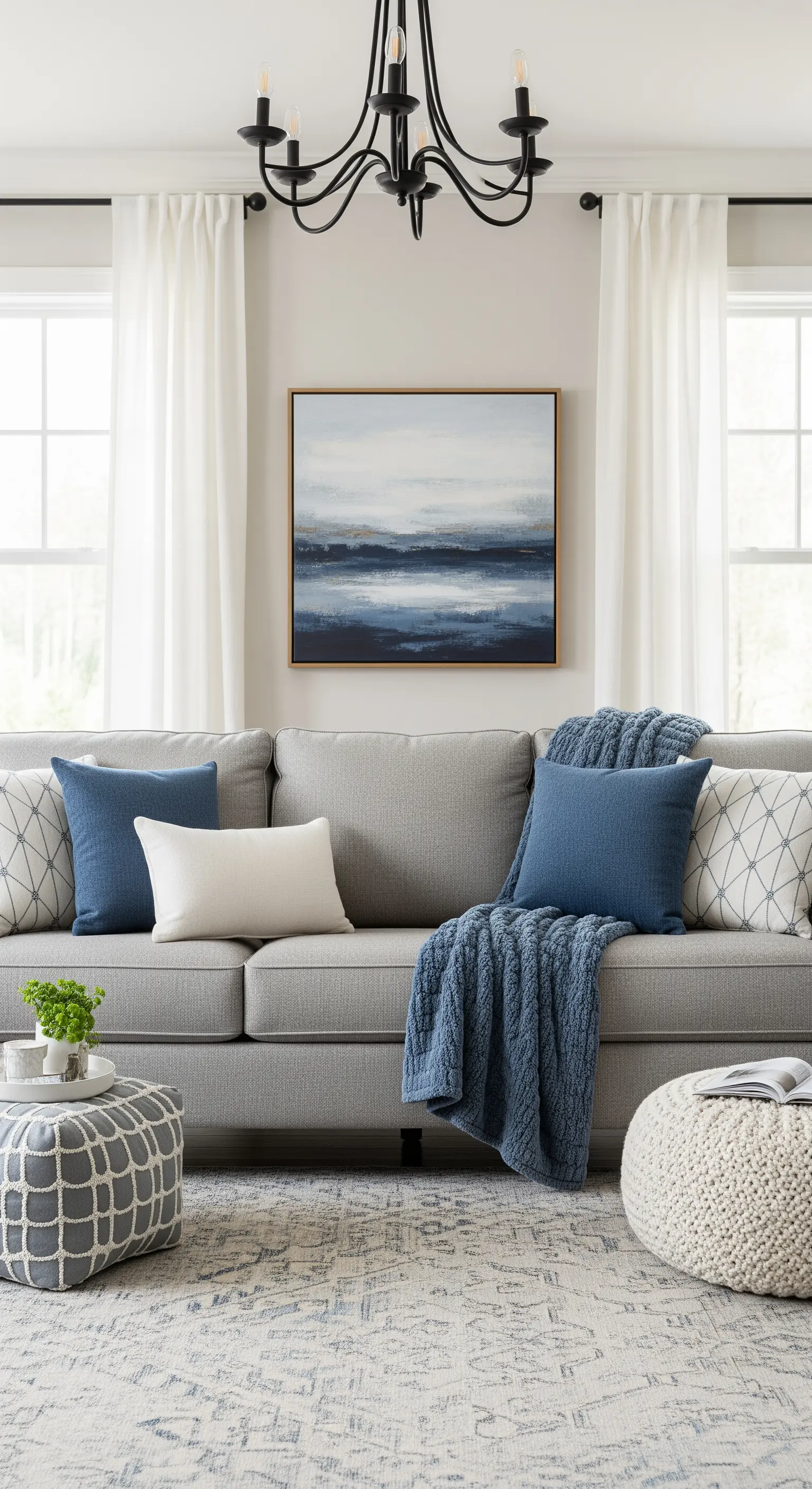 Salotto con divano grigio, cuscini blu, pouf intrecciati e un tappeto con motivo classico.