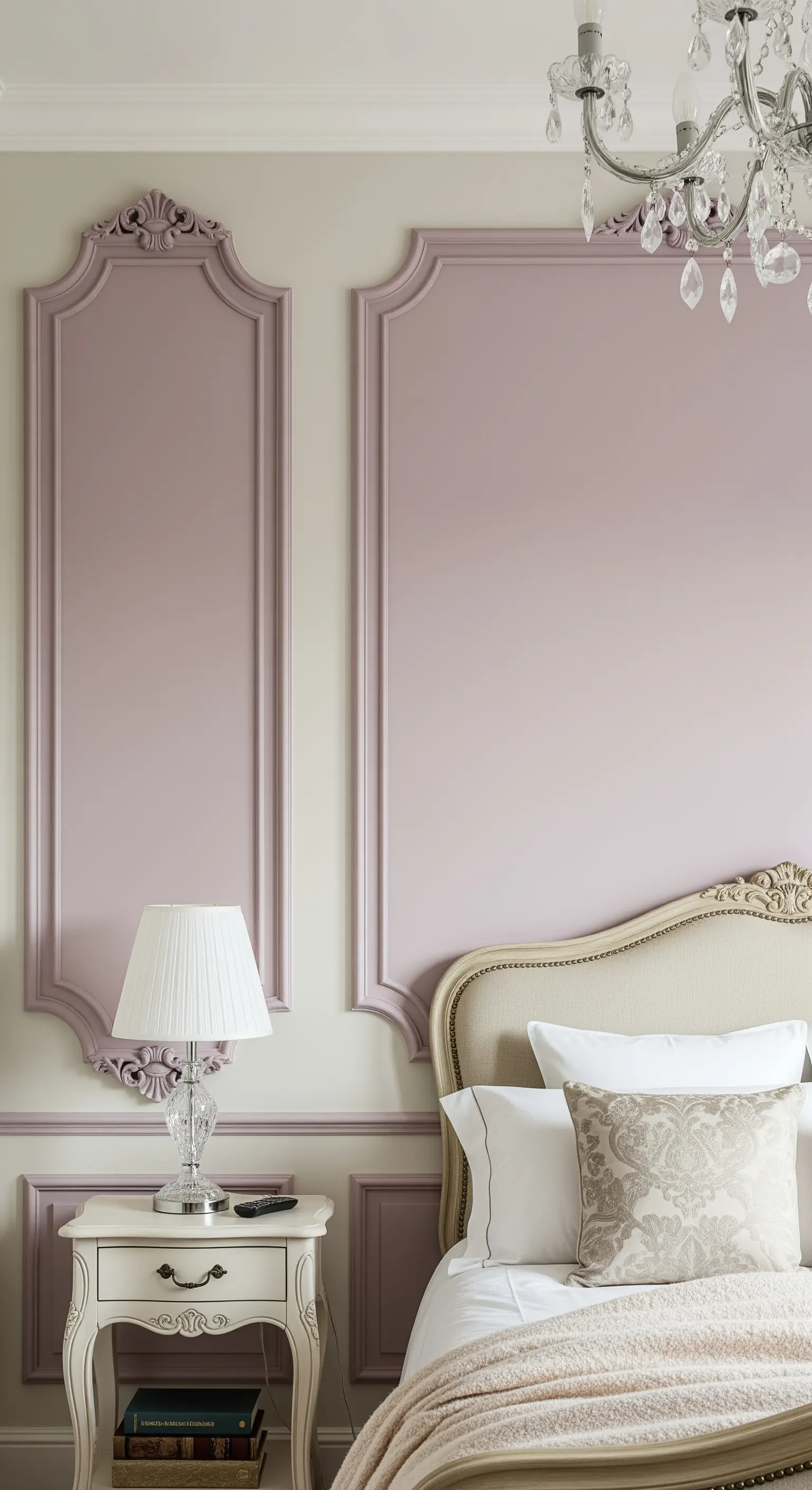Boiserie a parete con modanature classiche dipinte in color lavanda per creare un effetto cornice.