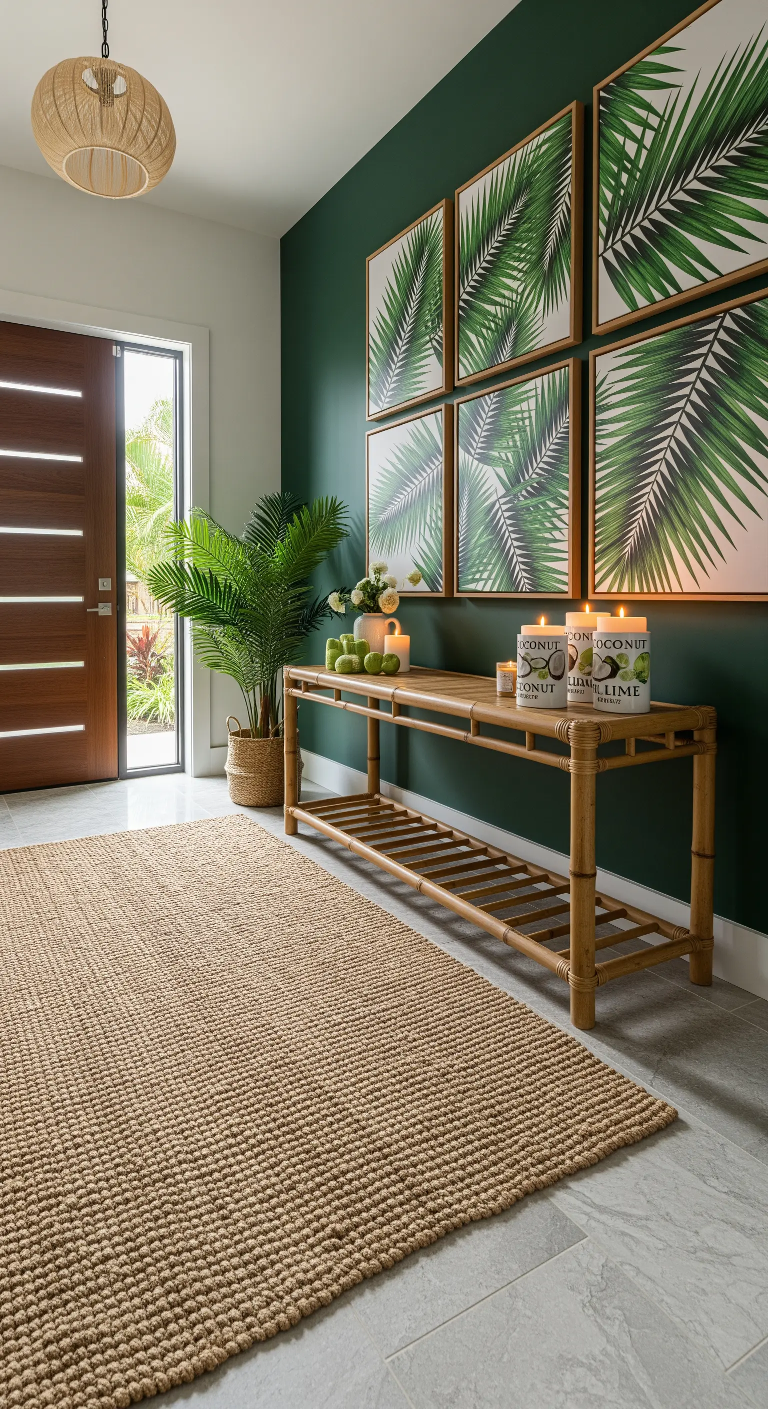 Ingresso tropicale con parete verde scuro, stampe di palme, consolle in bambù e tappeto in juta.