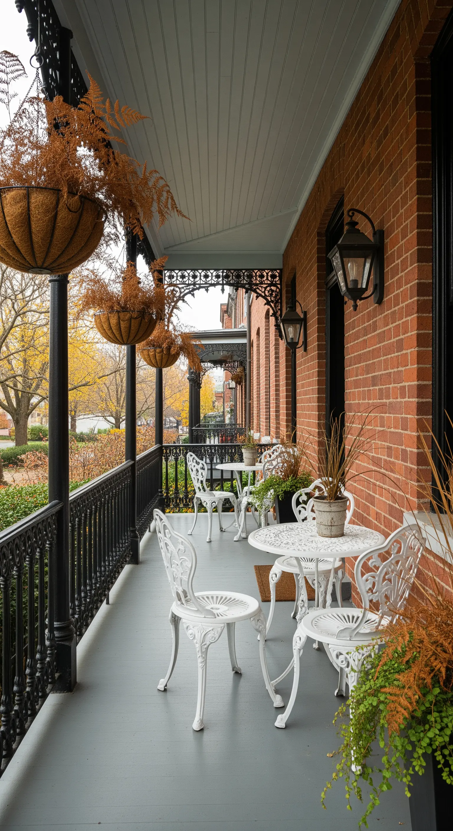 Balcone di città con arredi in ferro battuto bianco, ringhiera nera e parete di mattoni.