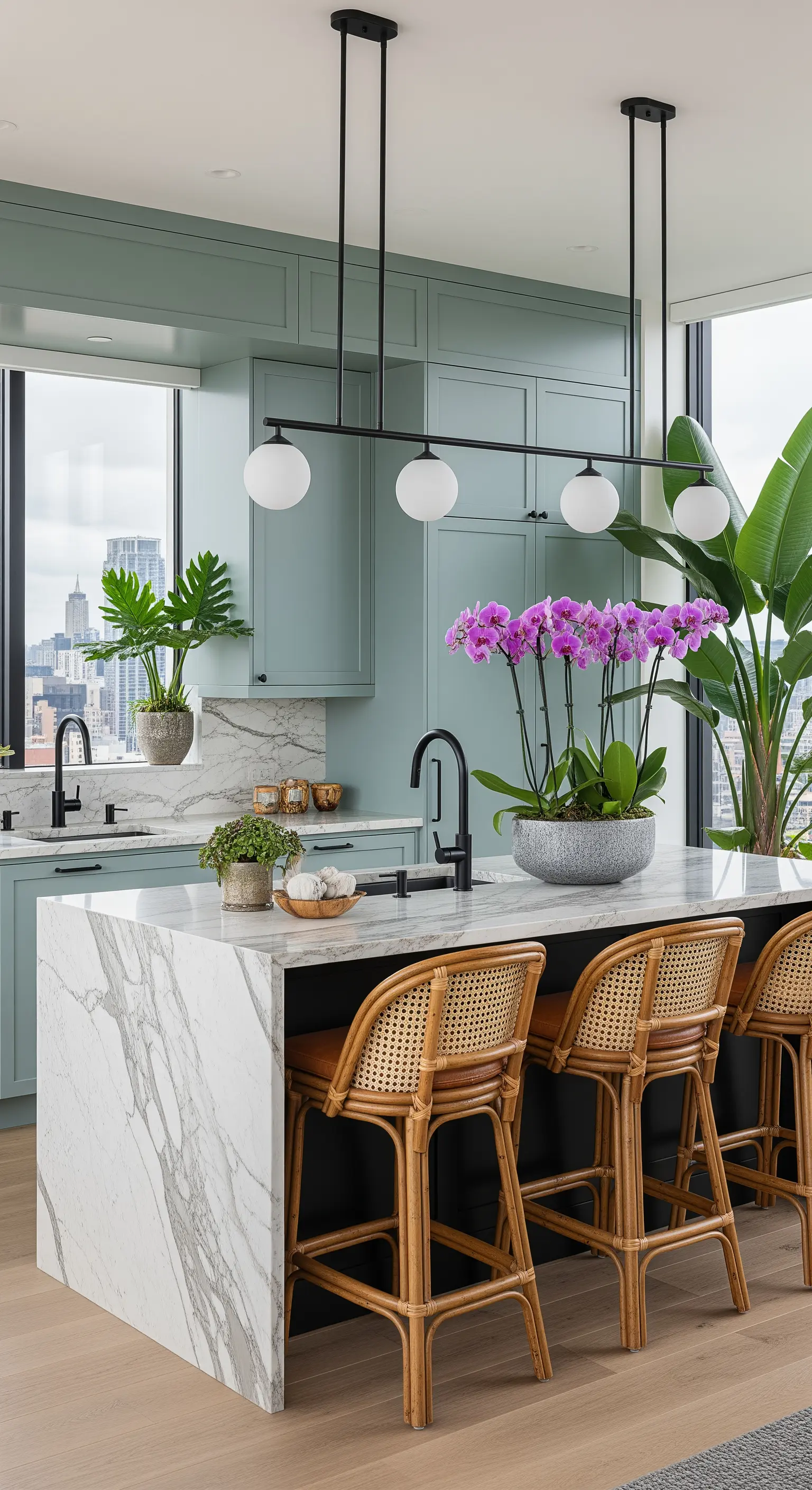 Cucina moderna verde salvia con isola in marmo e vista sulla città.