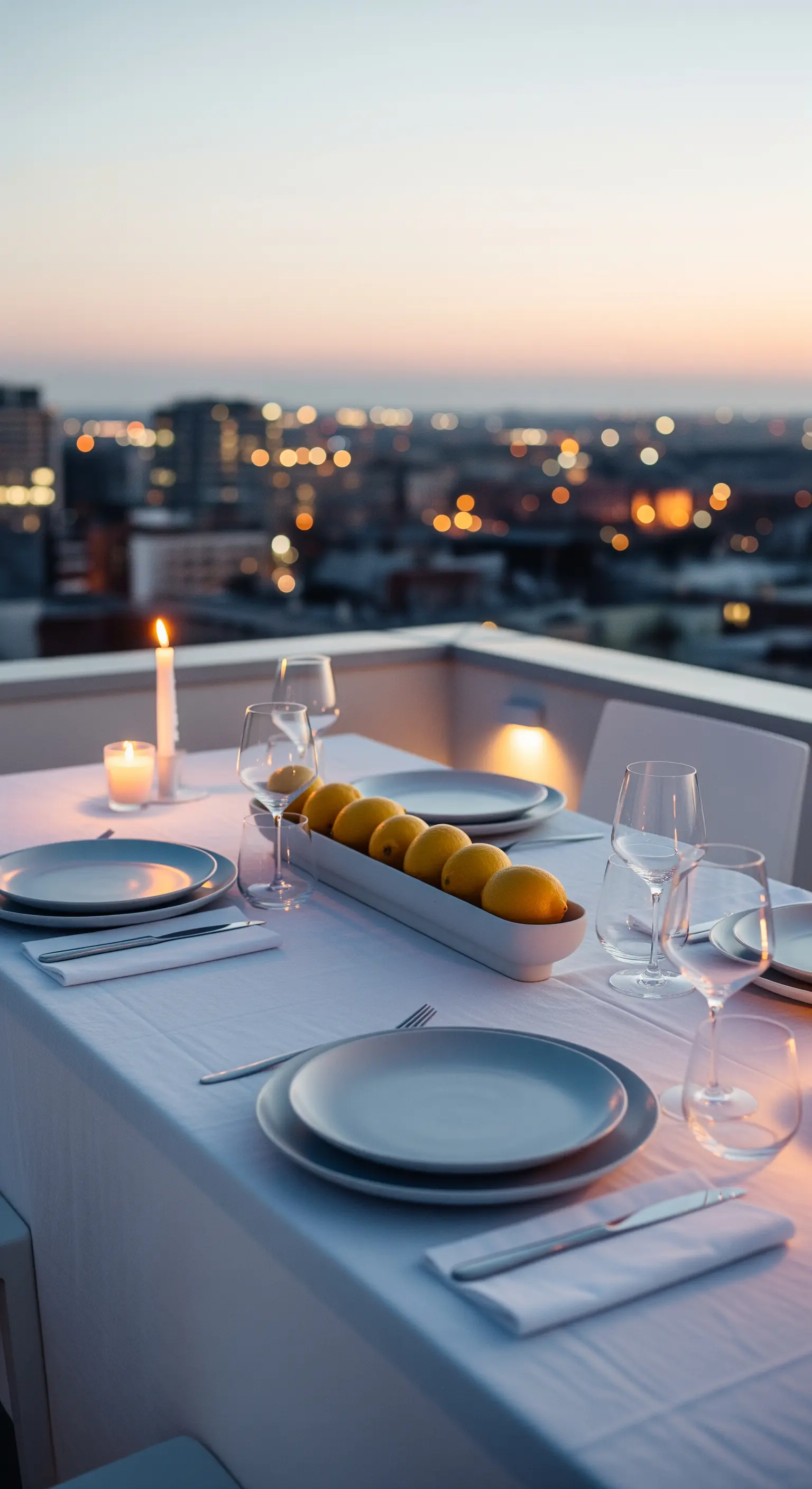 Tavola su una terrazza al tramonto, con centrotavola minimalista di limoni.