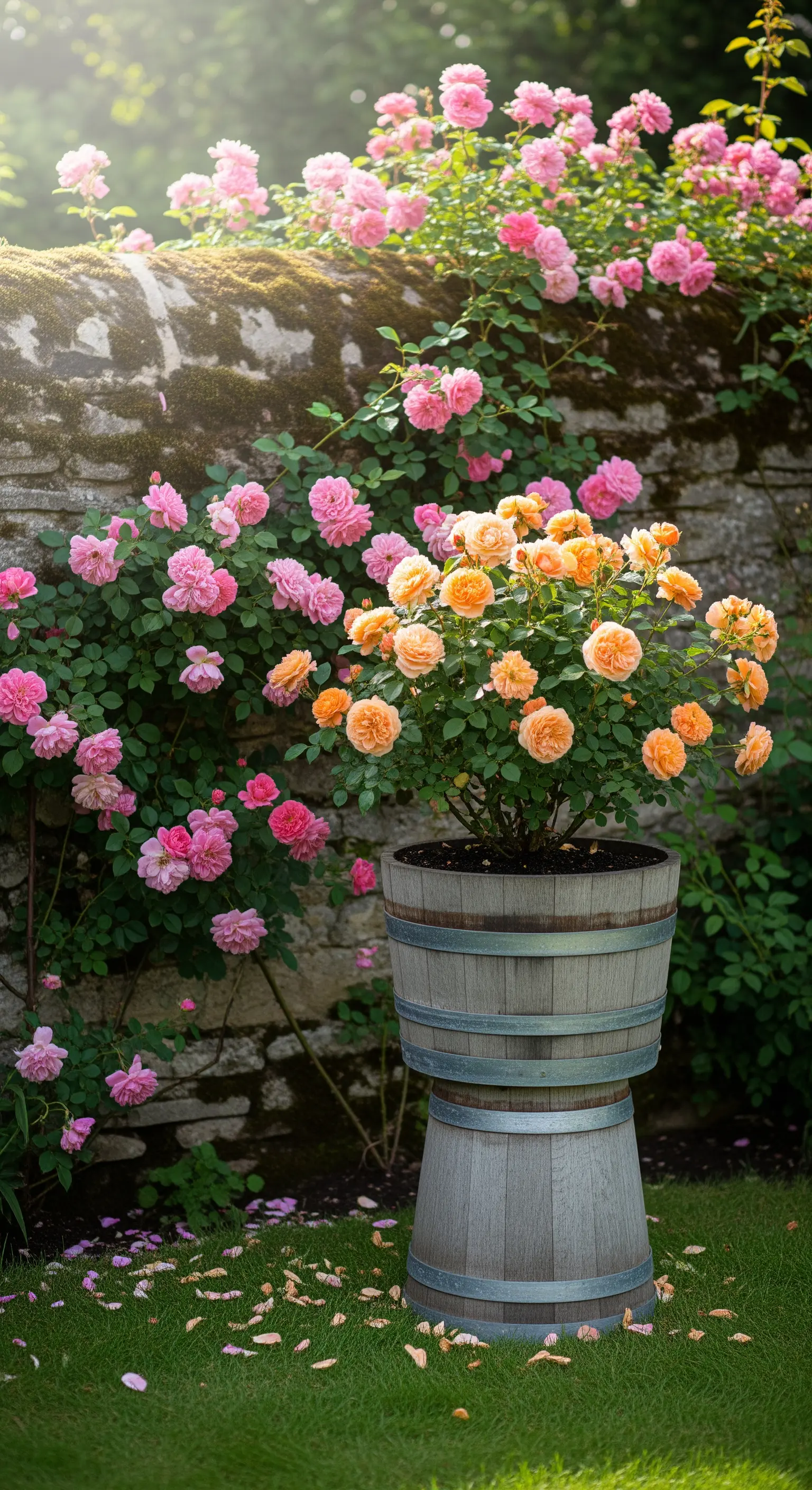 Fioriera a forma di clessidra fatta con due botti sovrapposte, con un cespuglio di rose arancioni