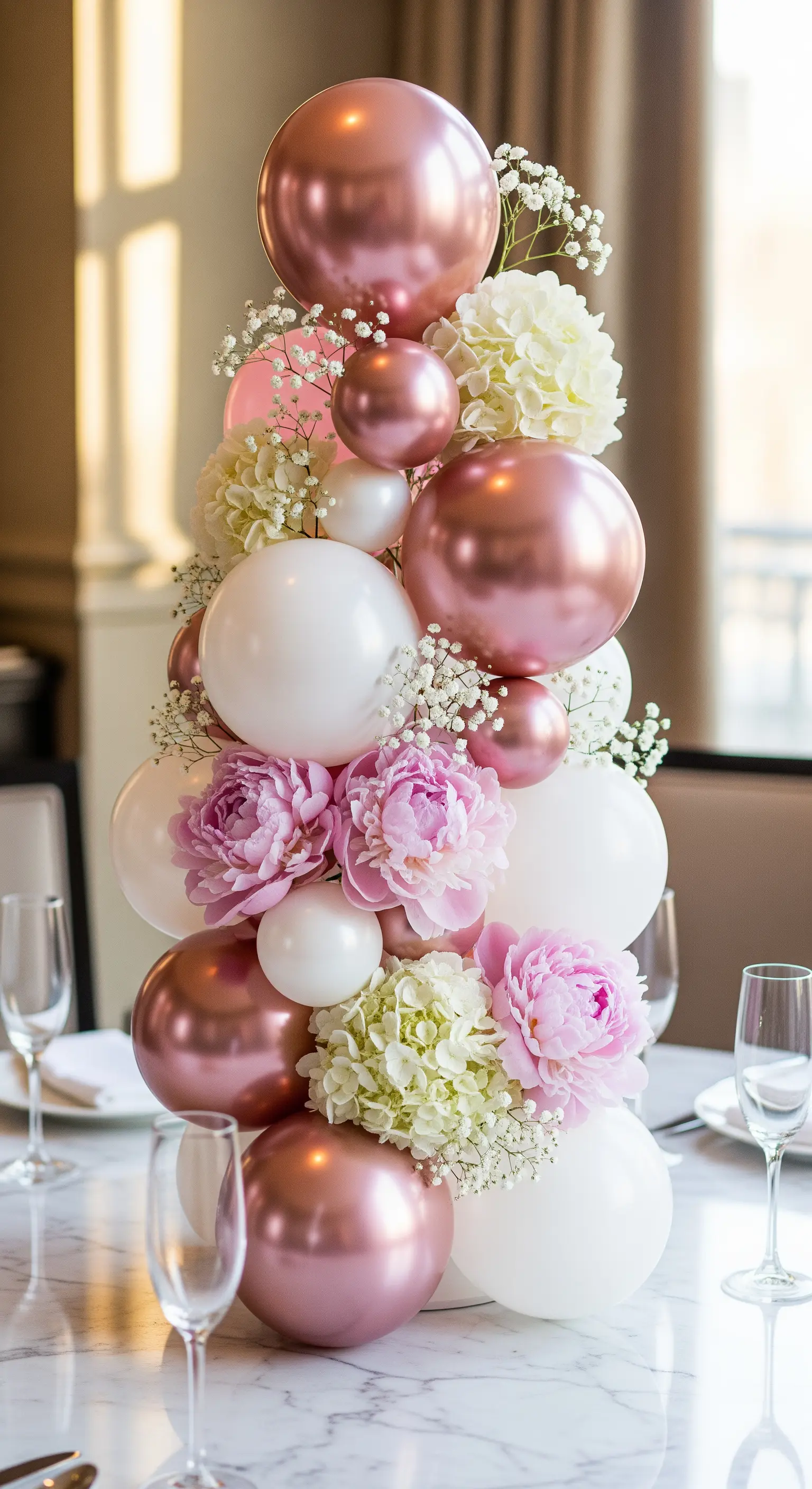 Centrotavola per matrimonio con palloncini oro rosa, bianchi e peonie fresche.