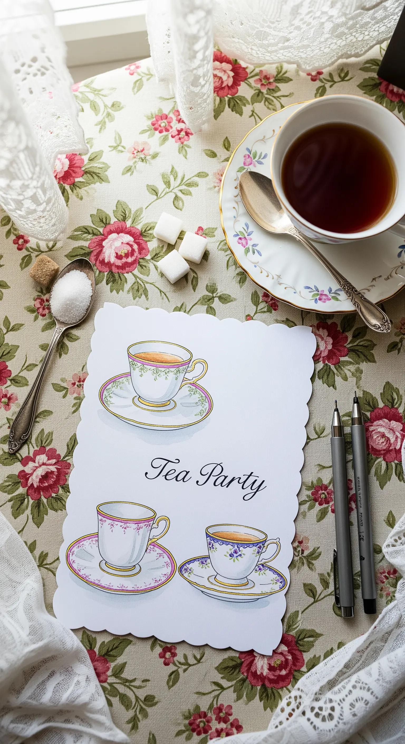 Invito per un tea party con illustrazioni di tazzine da tè vintage su una tovaglia fiorata.