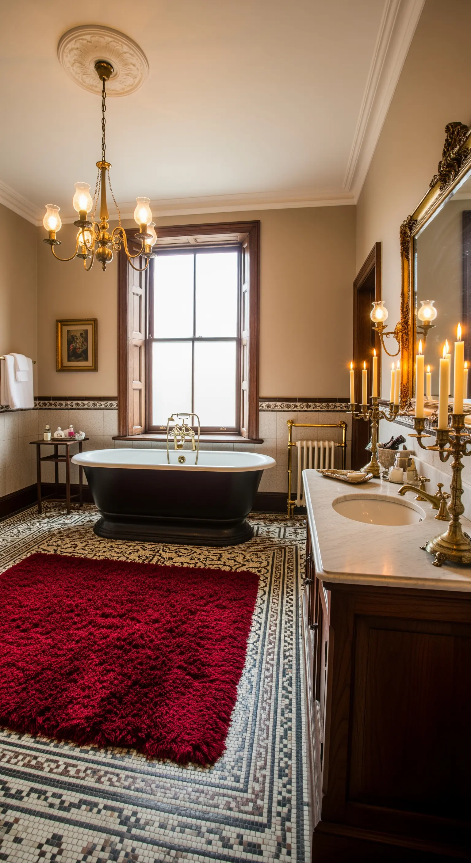 Bagno tradizionale con pavimento a mosaico, vasca nera, specchio dorato e tappeto rosso.
