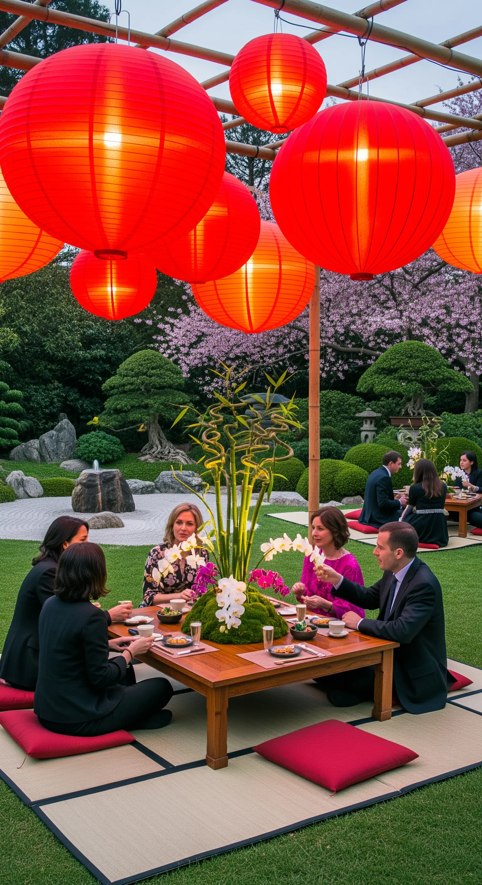Cena in un giardino giapponese con tavoli bassi, cuscini e grandi lanterne rosse.