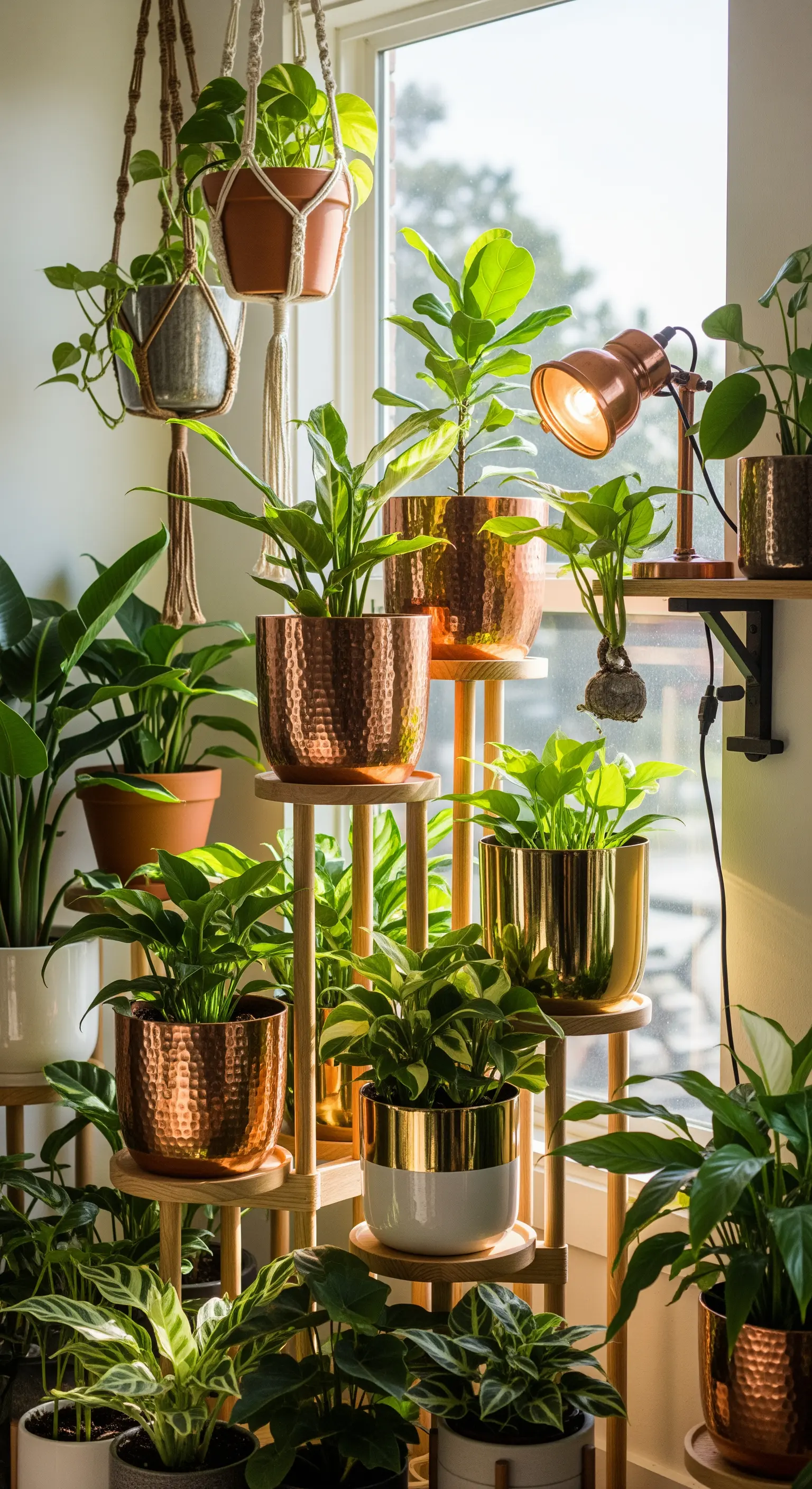 Angolo pieno di piante in vasi di rame e ottone di diverse forme e dimensioni.