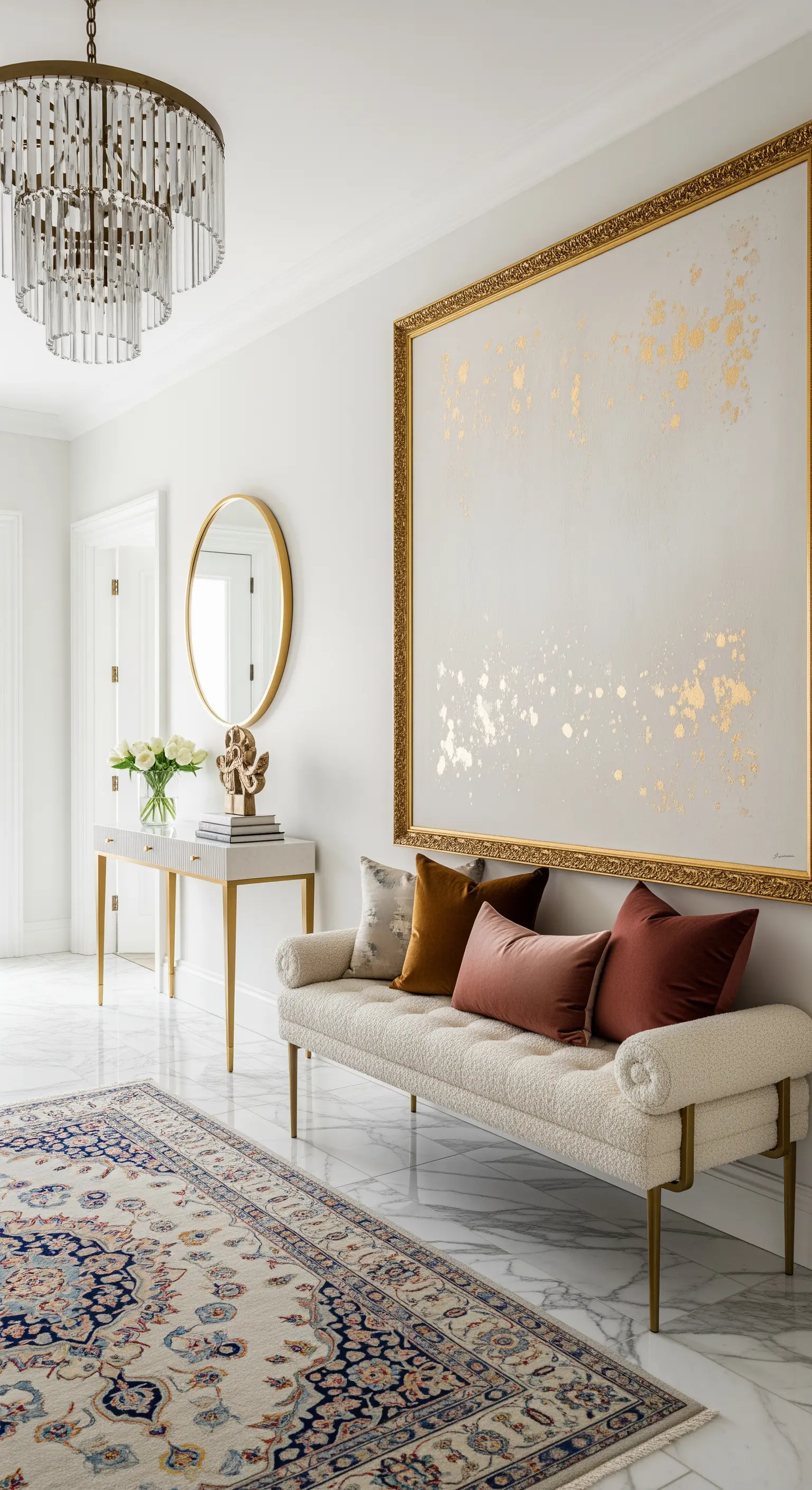 Ingresso lussuoso con pavimento in marmo, panca in bouclé, tappeto persiano e dettagli dorati.