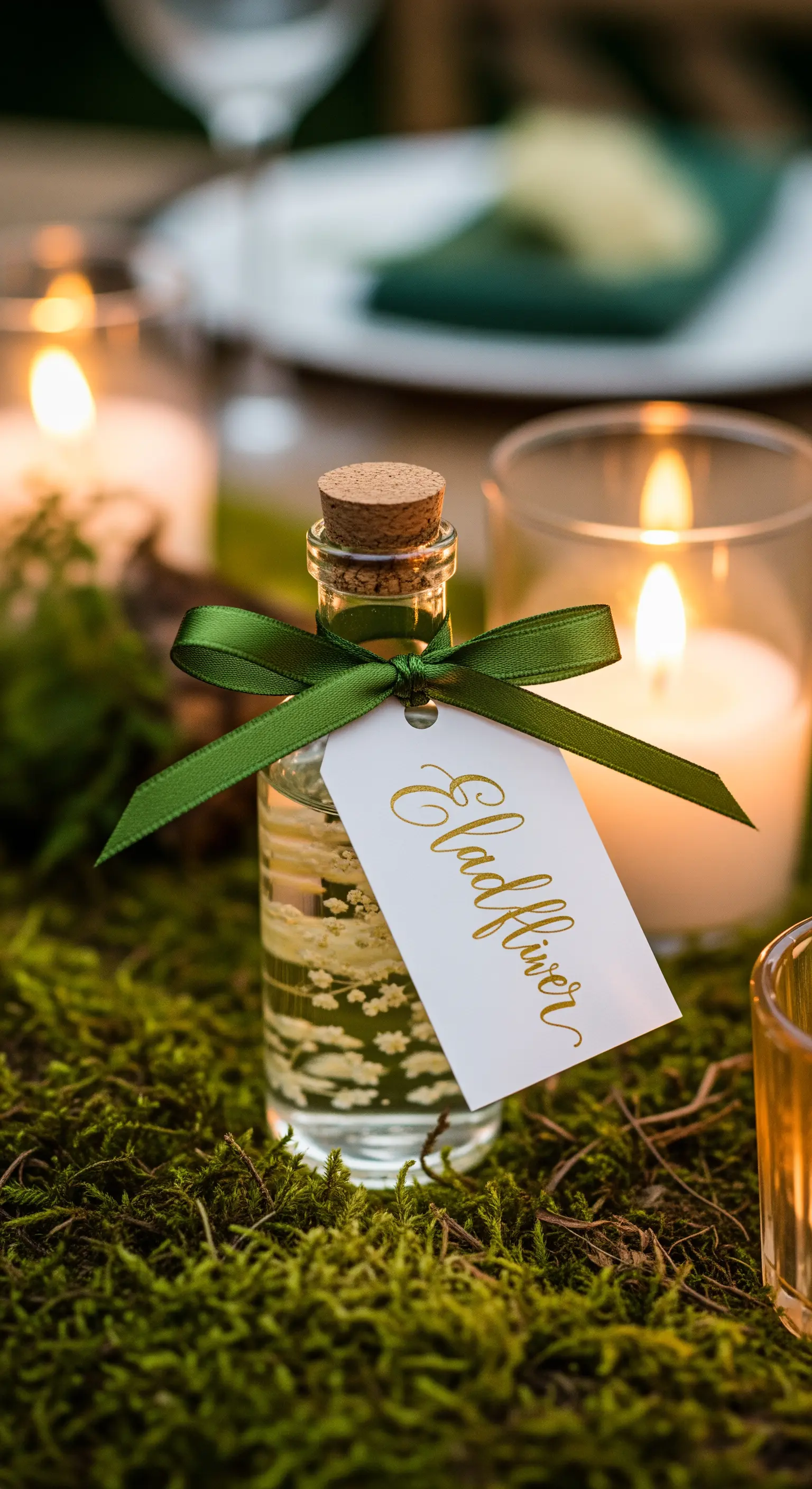 Piccola bottiglia di vetro con tappo in sughero e un'etichetta con nome in oro, su un letto di muschio.