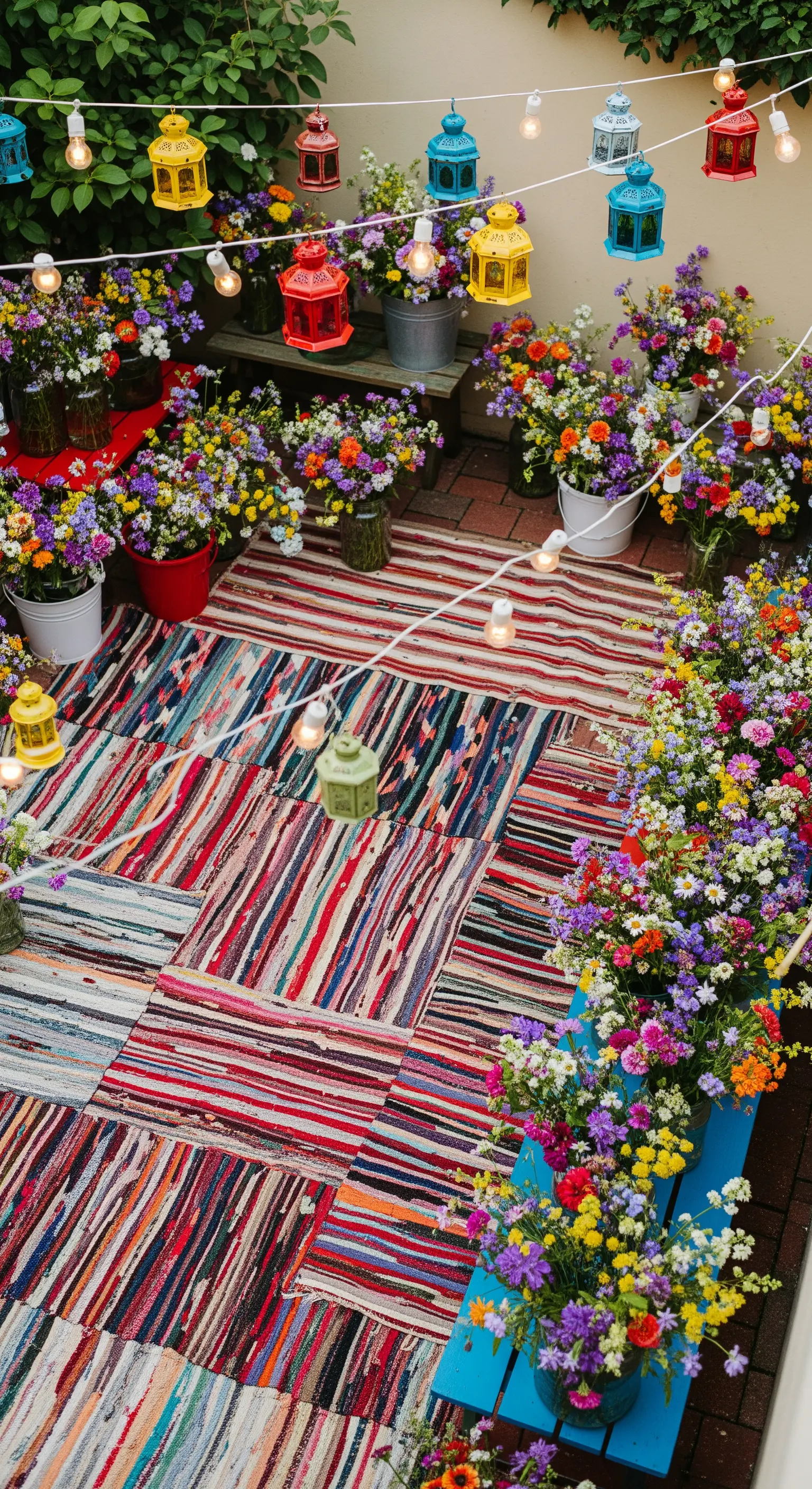 Patio coloratissimo con tappeti patchwork, fiori di campo e lanterne e luci a stringa.