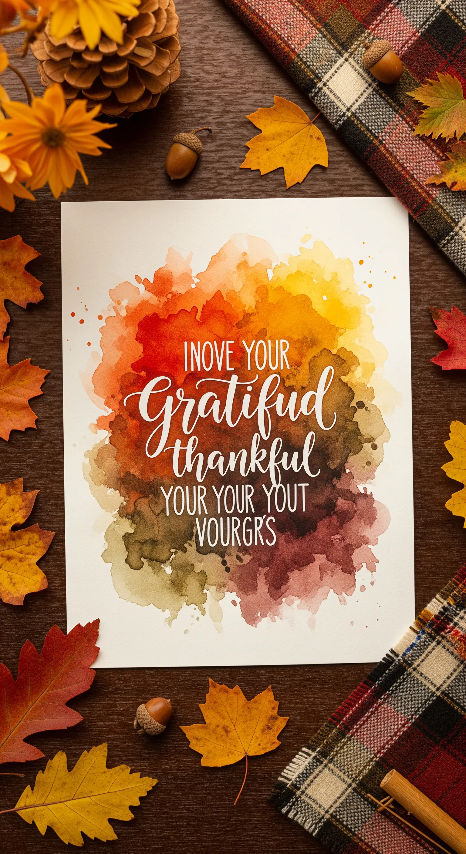 Quadro con la parola 'Grateful' su uno sfondo acquerello nei toni caldi dell'autunno.