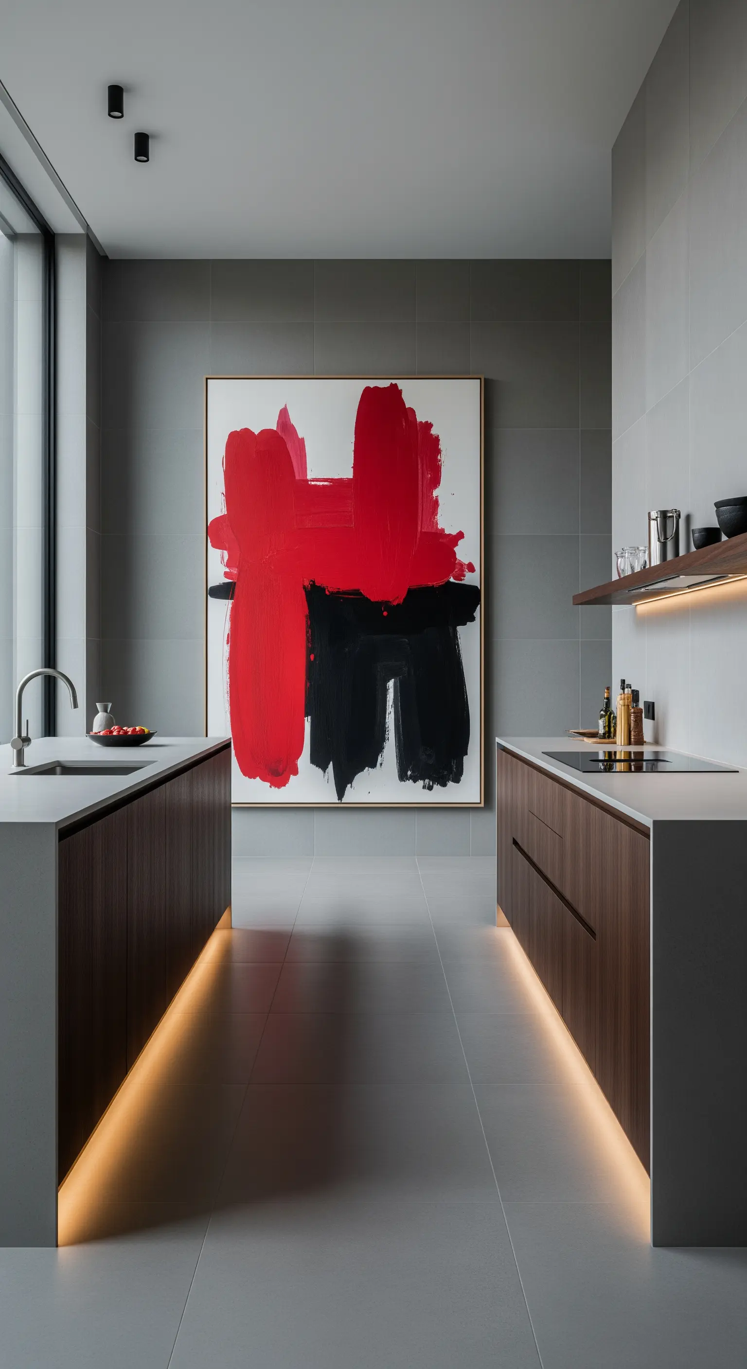 Cucina minimalista grigia con un grande quadro astratto rosso e nero come punto focale.