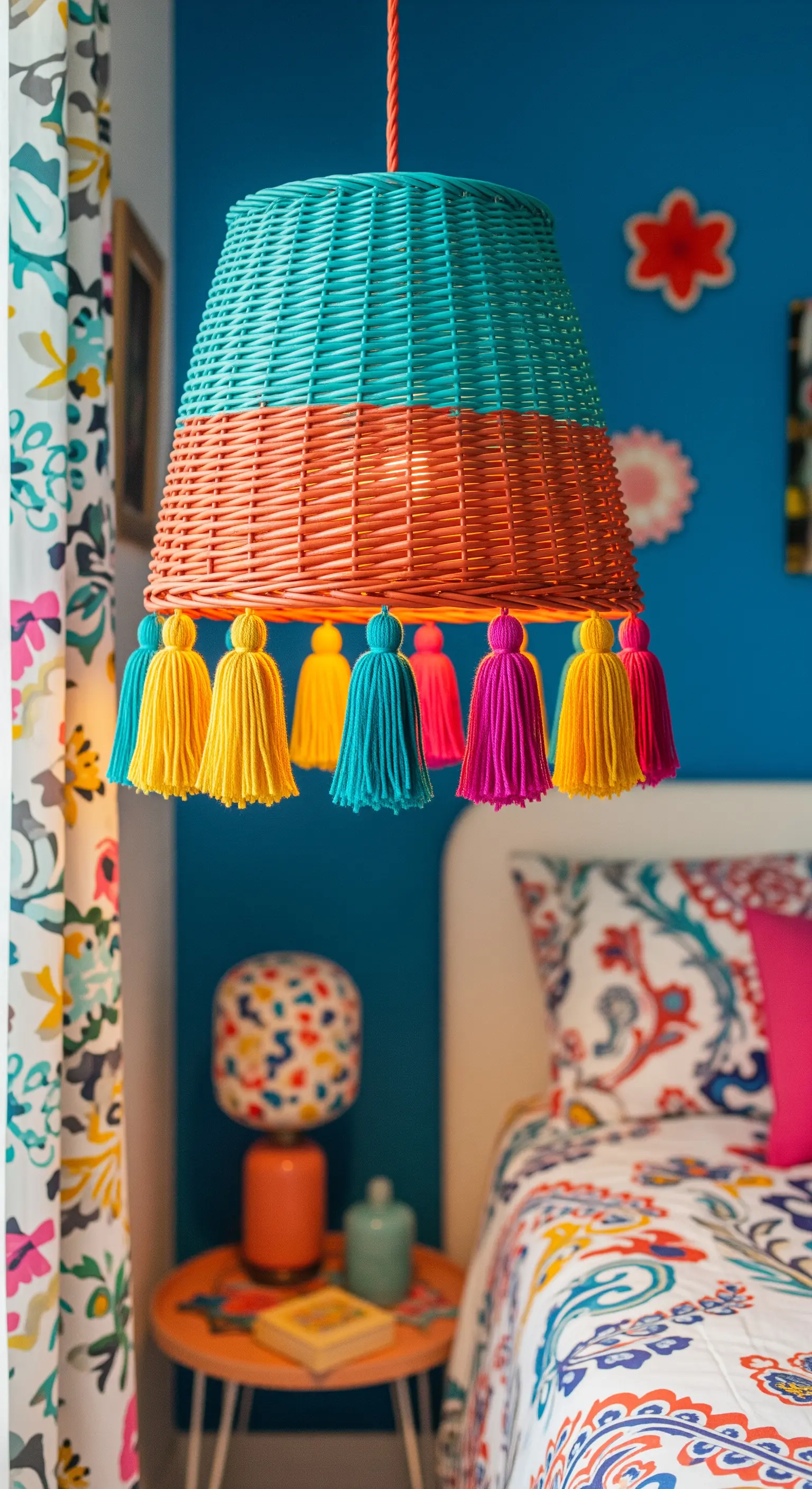 Cestino in vimini dipinto di turchese e arancione con nappe colorate appese.
