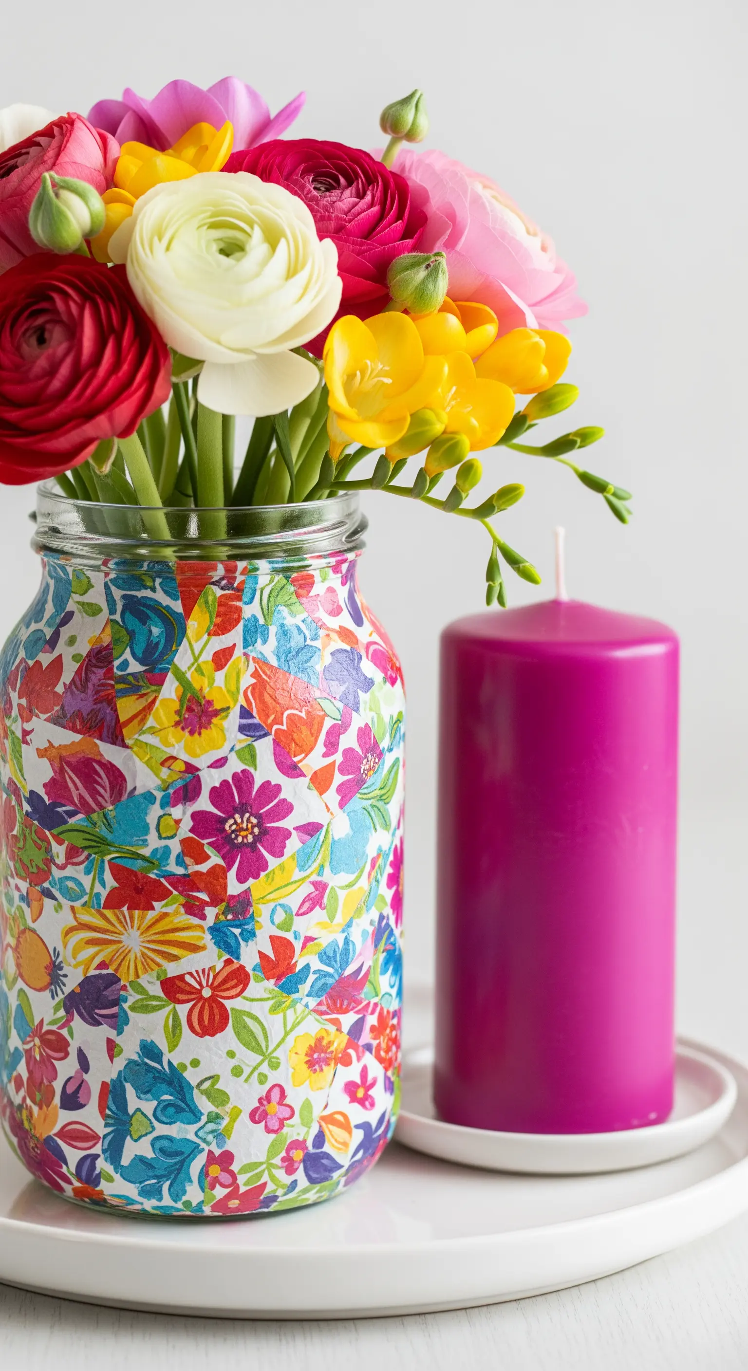 Vaso di vetro decorato con decoupage floreale e un bouquet colorato di ranuncoli.