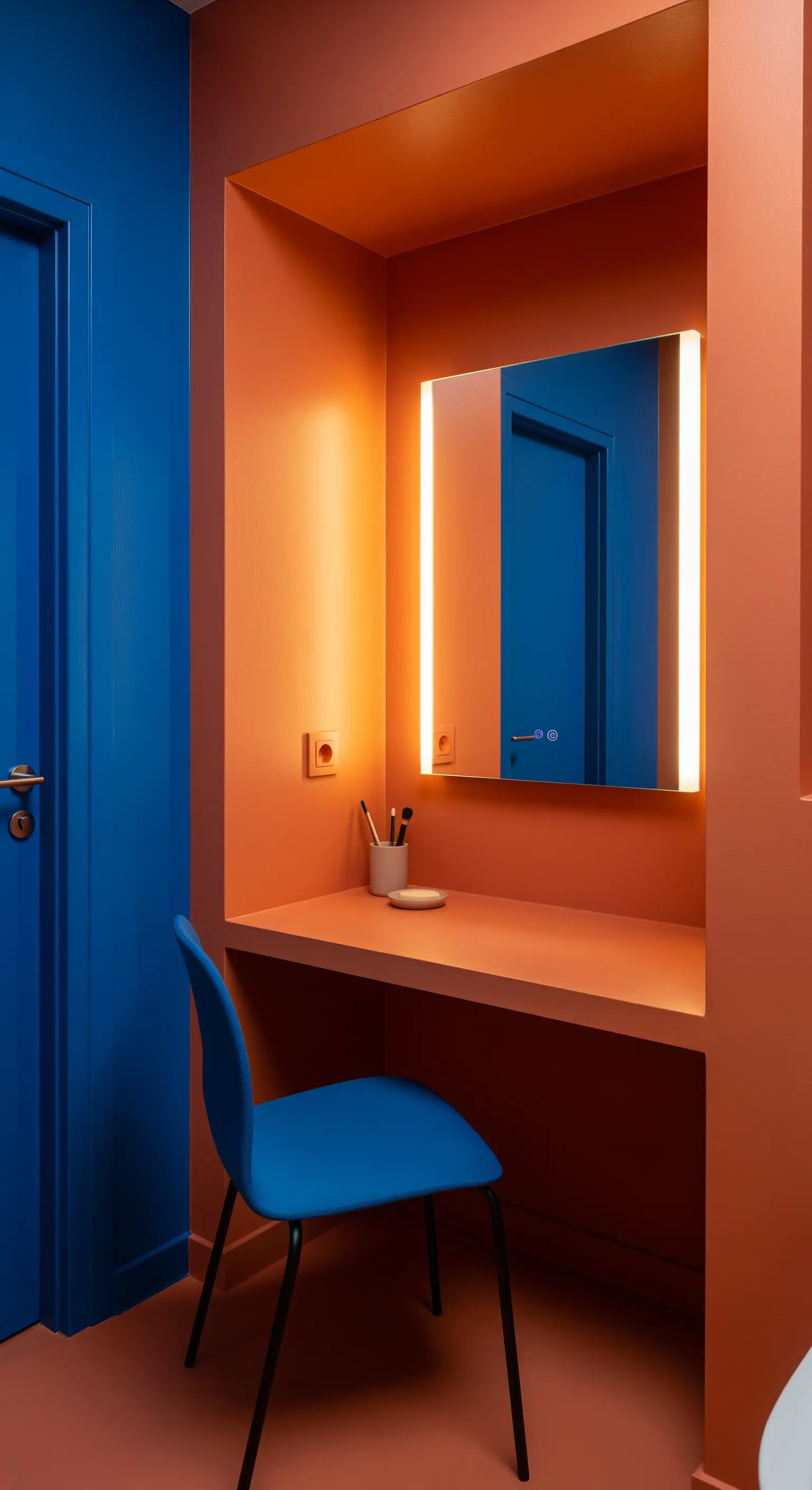 Nicchia color terracotta con sedia e porta blu a contrasto.