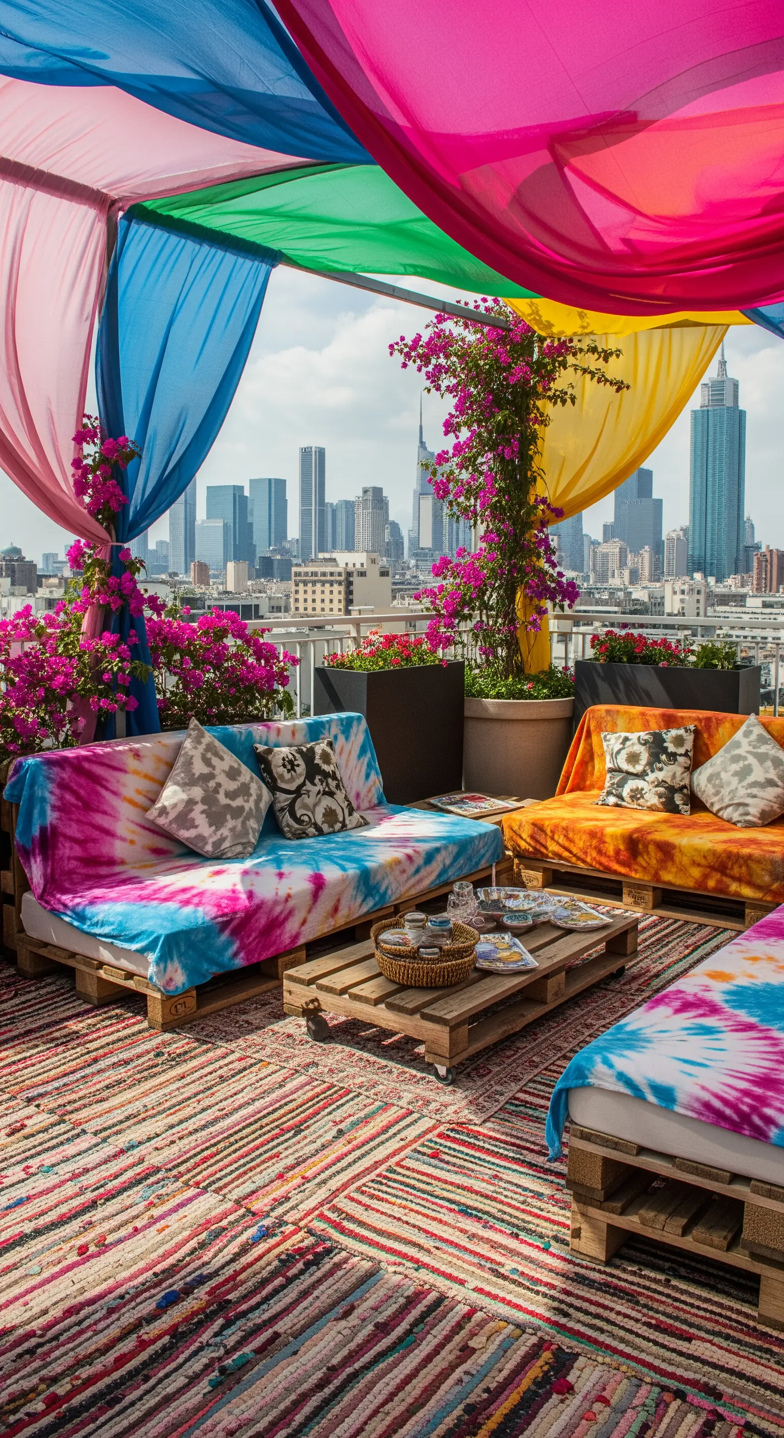 Terrazza urbana con divani in pallet tie-dye e teli colorati come tettoia.