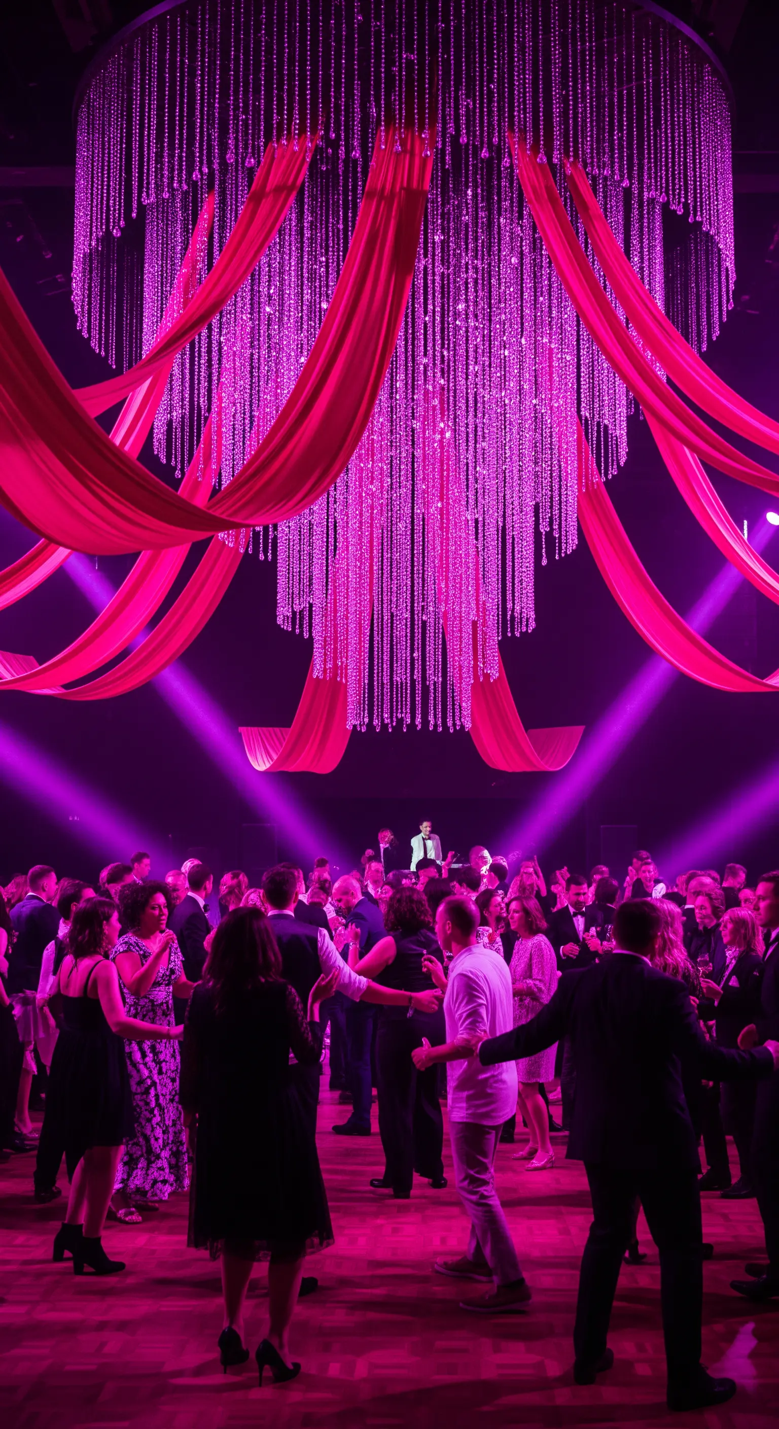 Pista da ballo illuminata da una luce fucsia proveniente da un grande chandelier di cristallo.