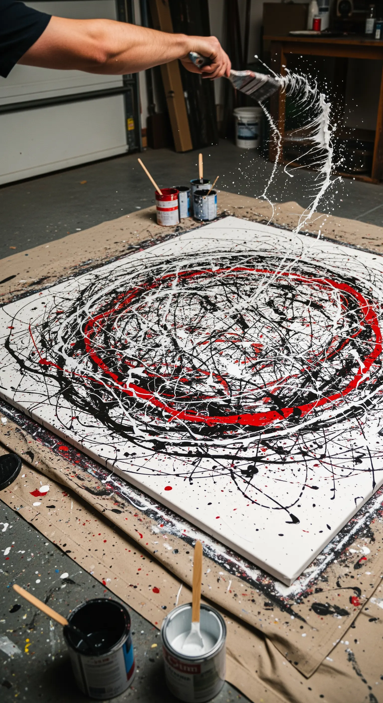 Action painting in stile Pollock con schizzi di vernice bianca, nera e rossa su una grande tela.