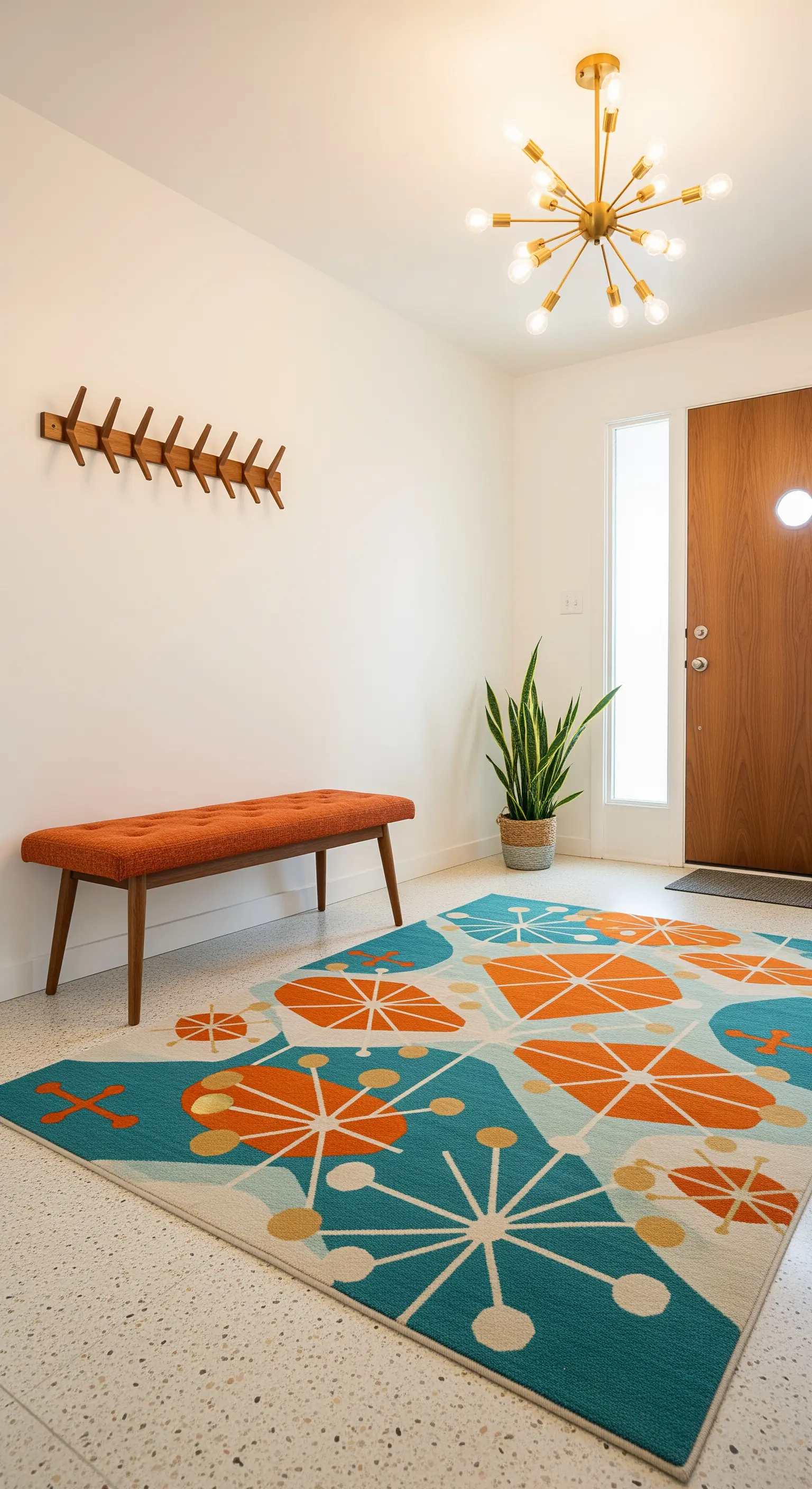 Ingresso Mid-Century Modern con panca arancione, tappeto astratto colorato e lampadario Sputnik.