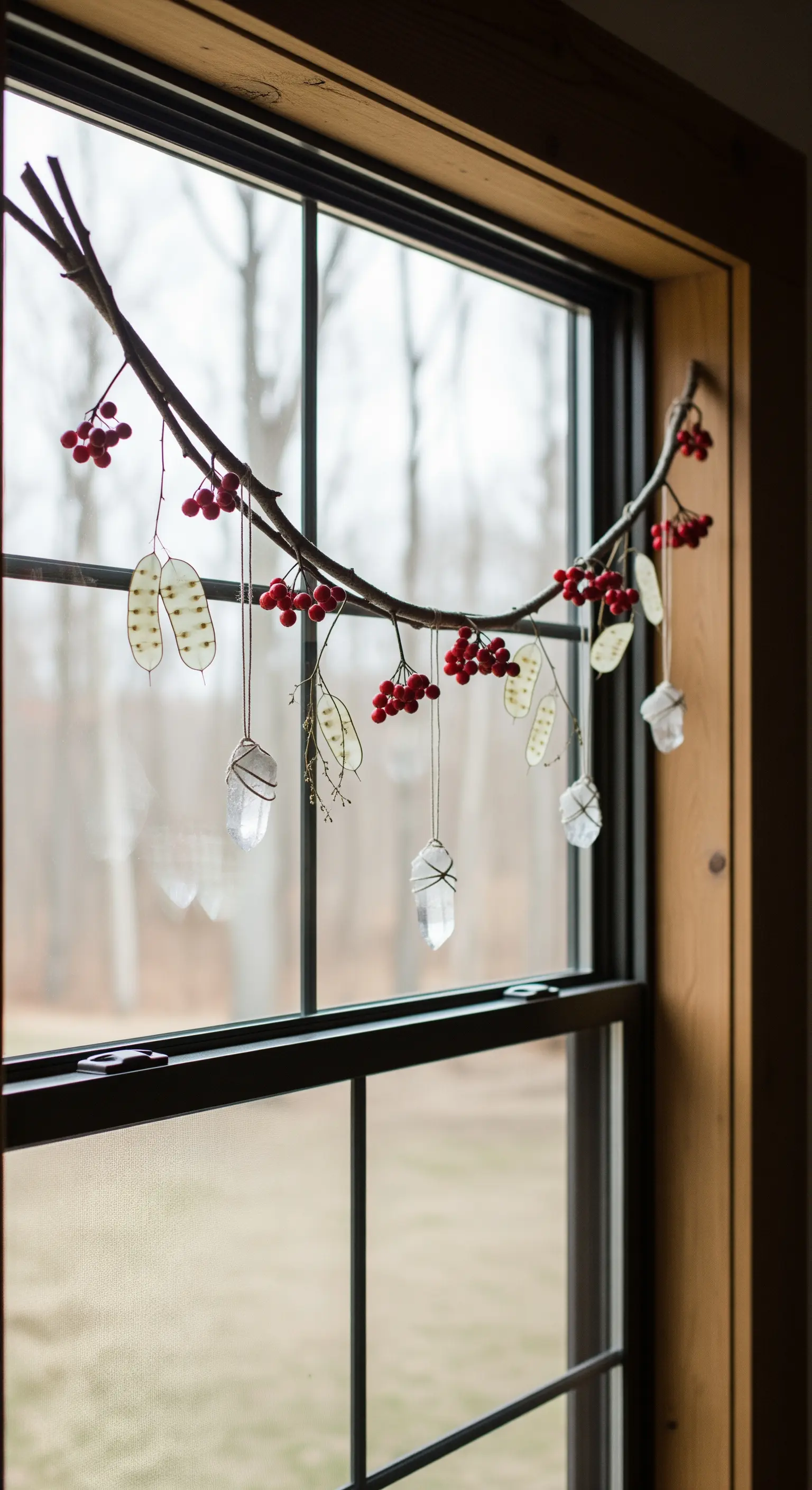 Ramo con bacche rosse e cristalli di quarzo grezzo appeso a una finestra.