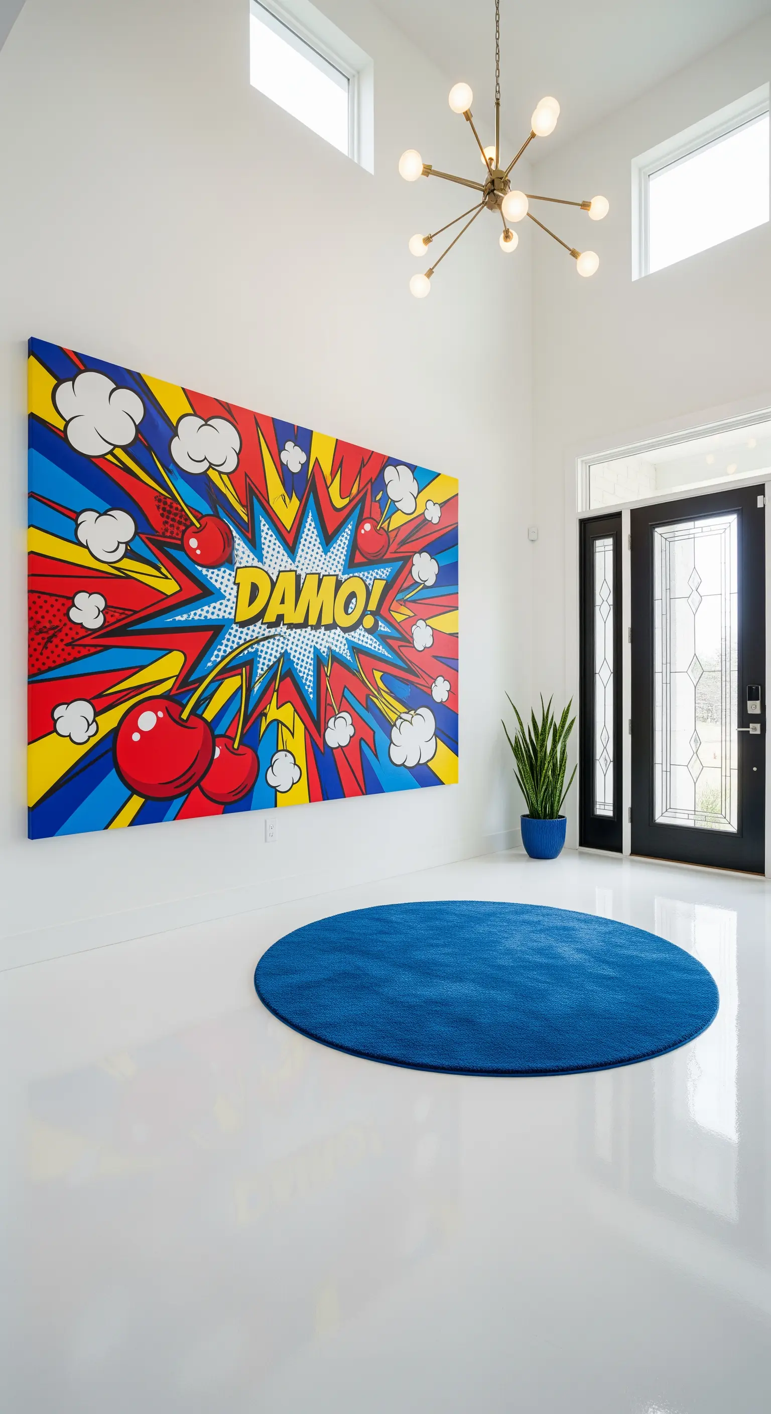 Ingresso bianco con un'enorme opera Pop Art in stile fumetto e un tappeto rotondo blu elettrico.