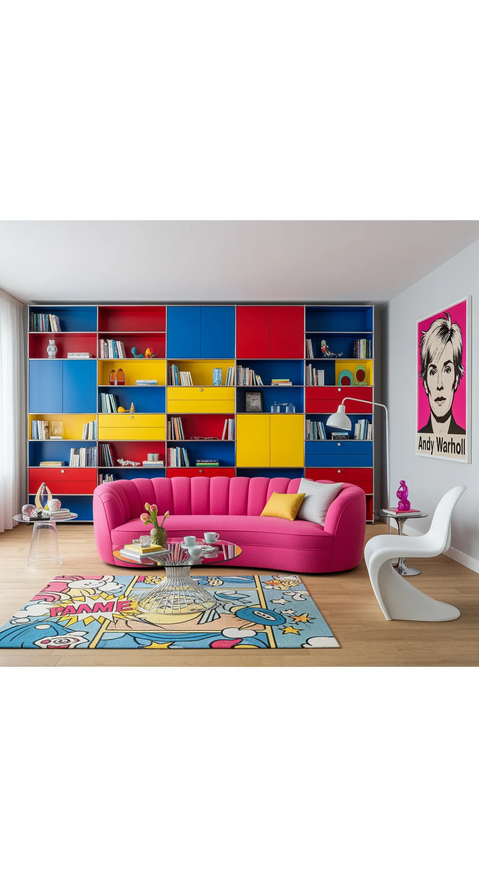 Salotto Pop Art con libreria a blocchi di colore primario e divano rosa shocking.