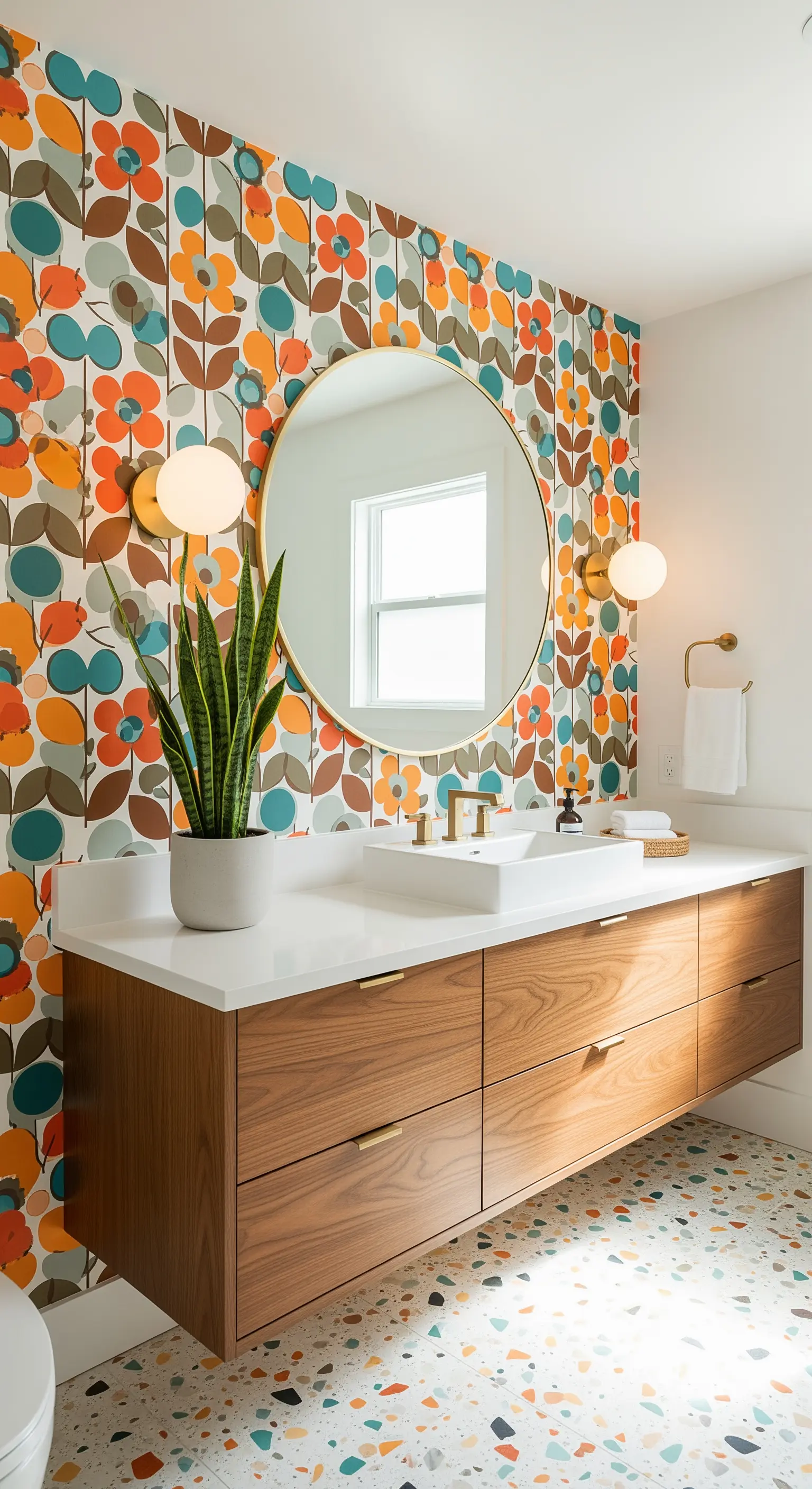 Bagno con carta da parati floreale pop, mobile in legno sospeso e pavimento in terrazzo.