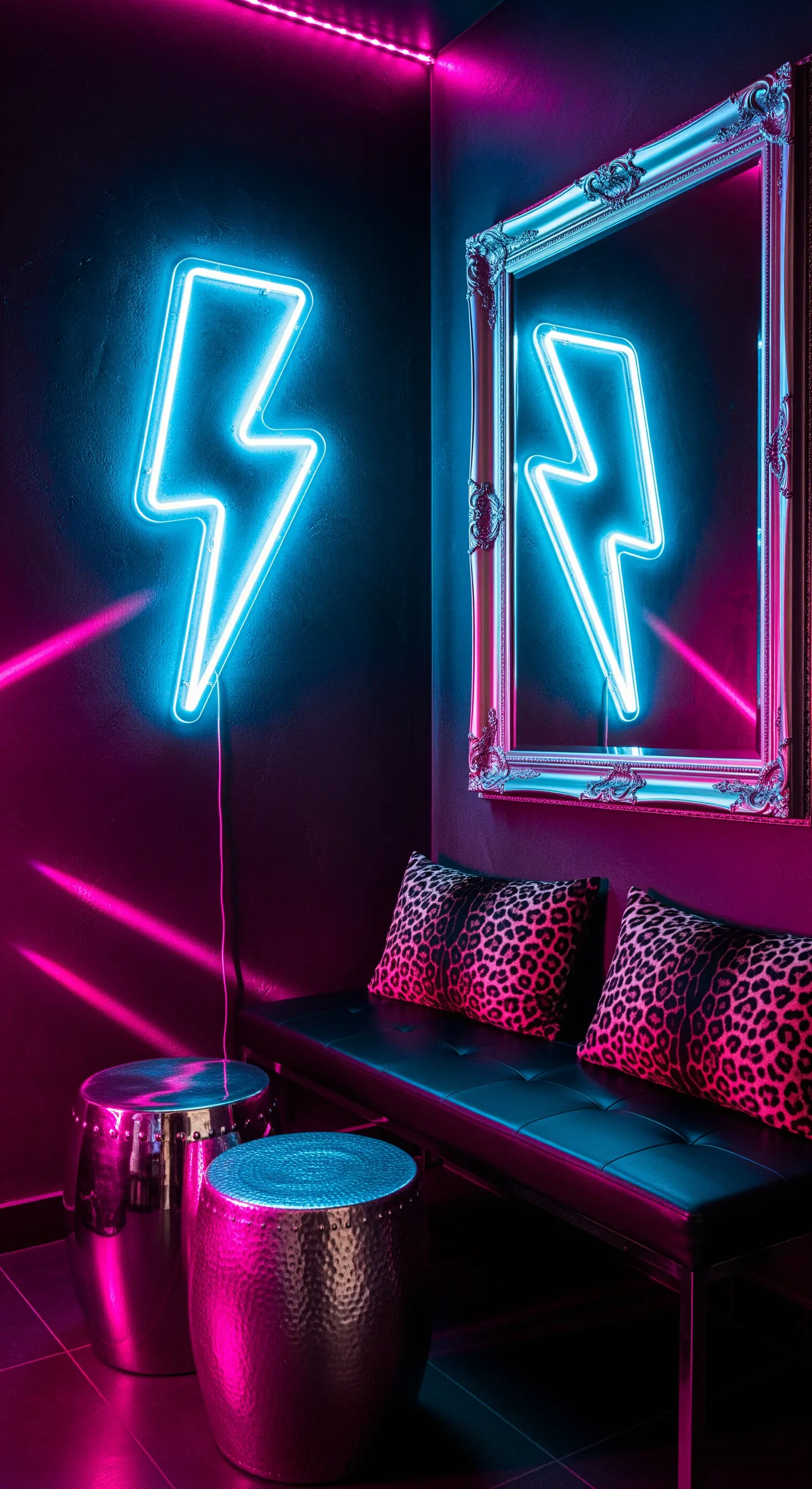 Insegna al neon a forma di fulmine riflessa in uno specchio con cornice barocca argentata.