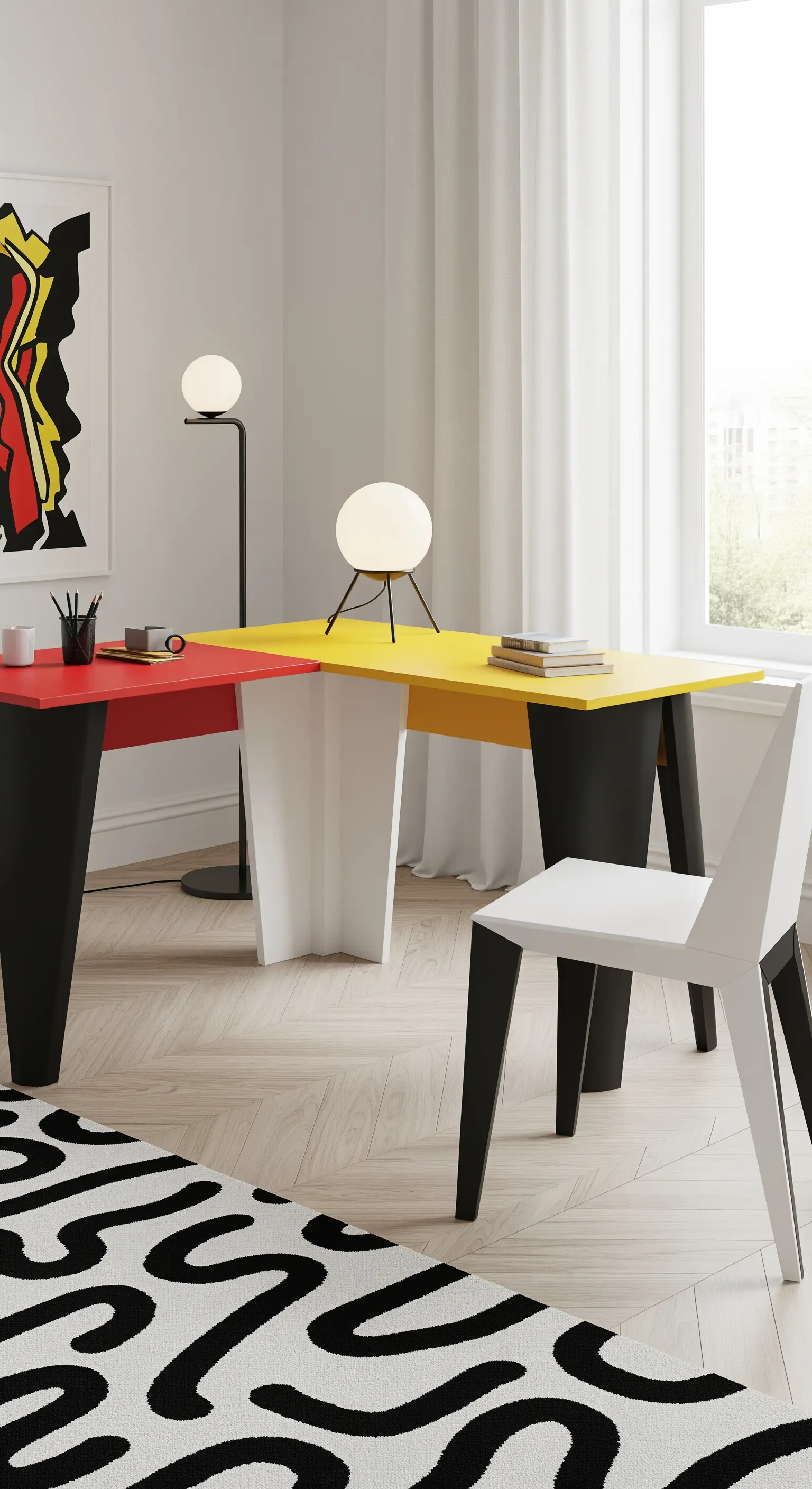 Scrivania a L con gambe geometriche e piani colorati rosso e giallo.