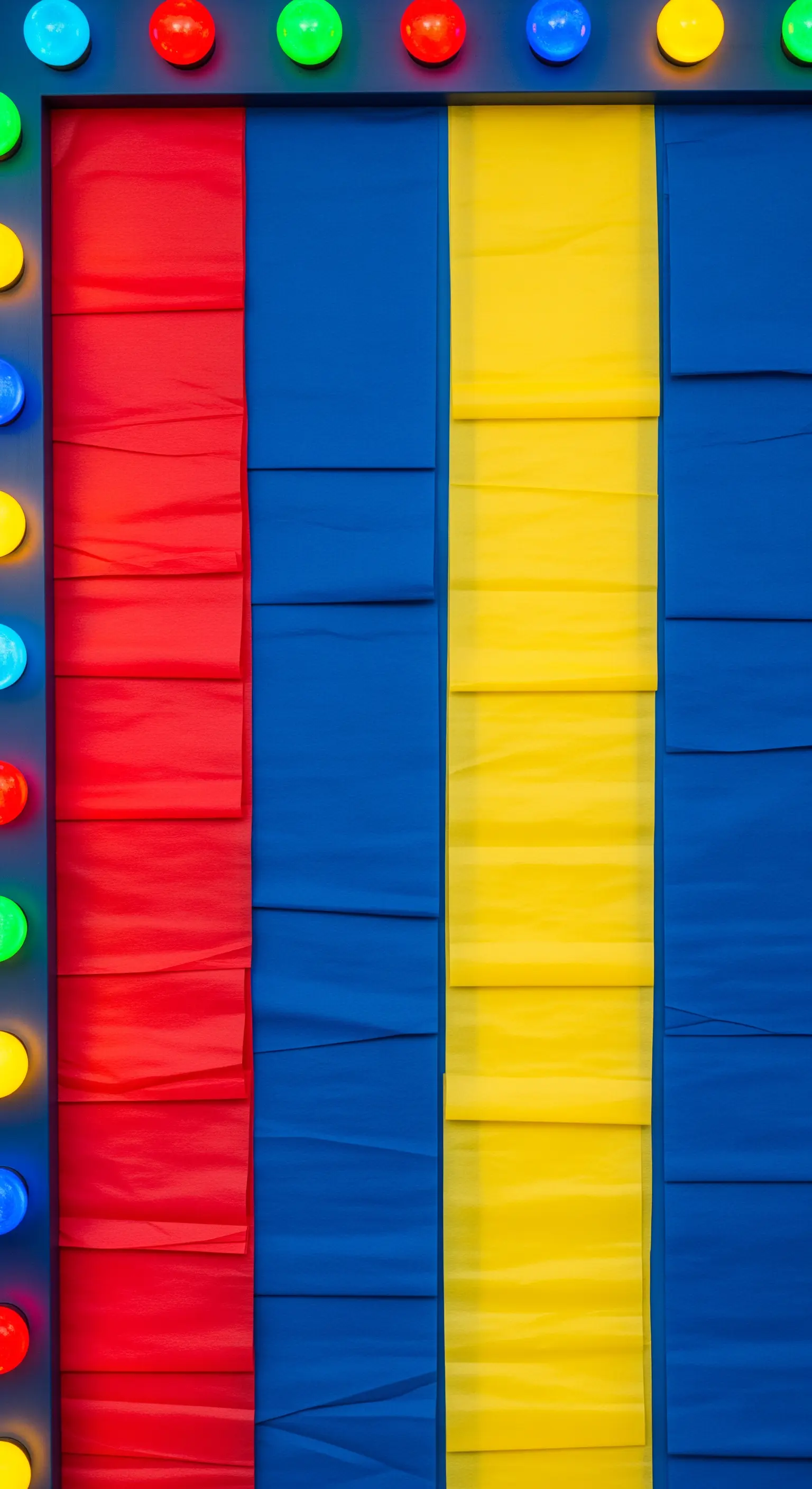 Backdrop a blocchi di colore rosso, blu e giallo, incorniciato da lampadine colorate.