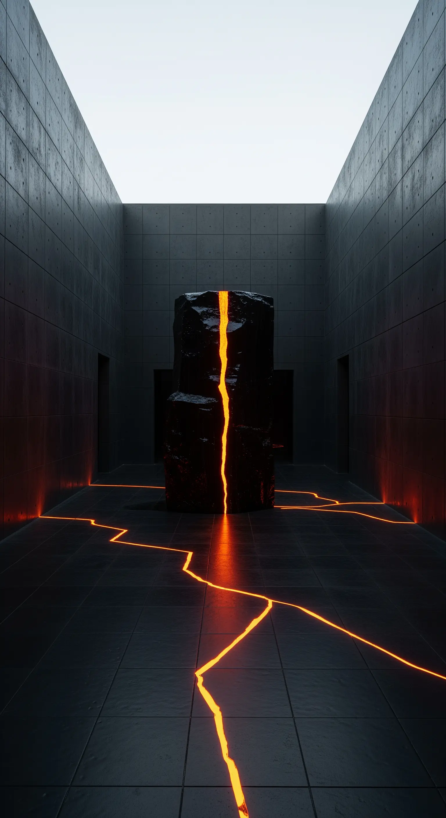 Scultura a forma di roccia spaccata con luce arancione che si estende sul pavimento.