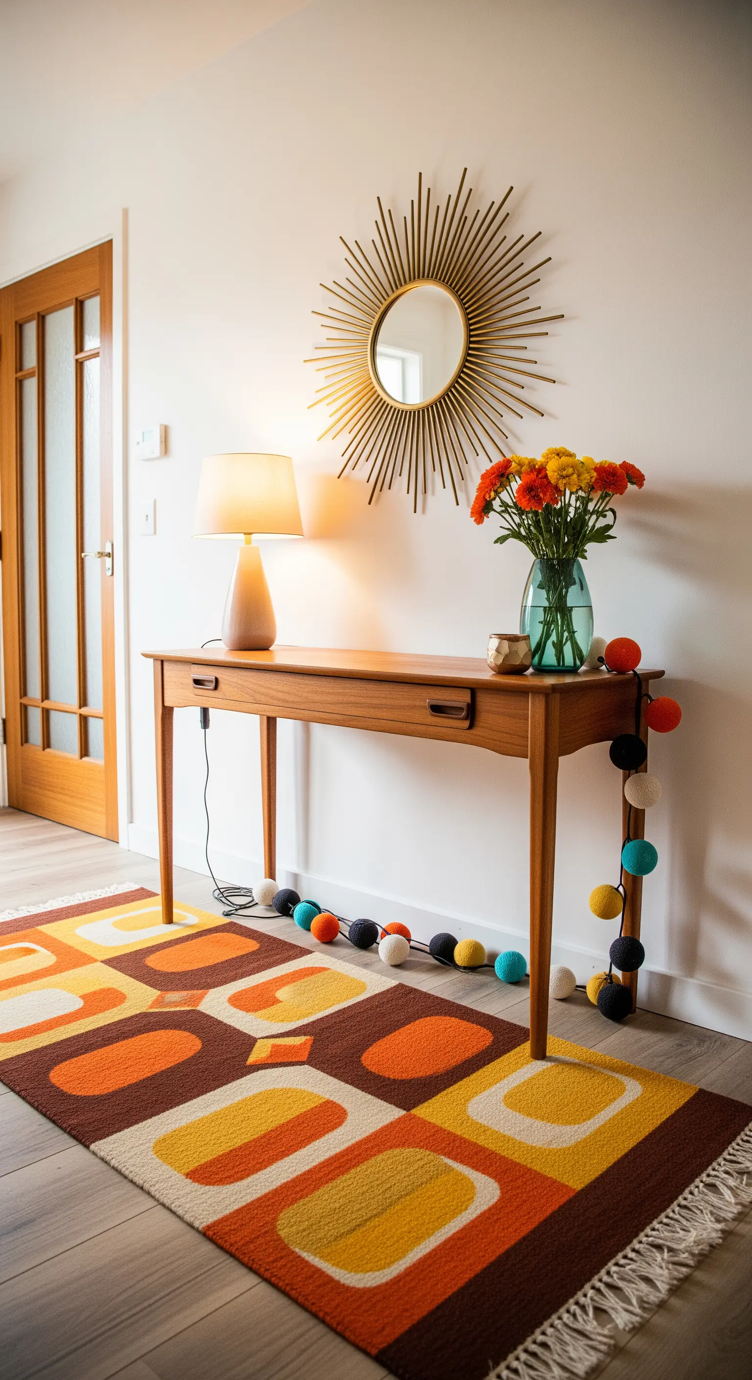 Ingresso Mid-century con consolle in legno, specchio a raggiera e luci a pompon colorati.