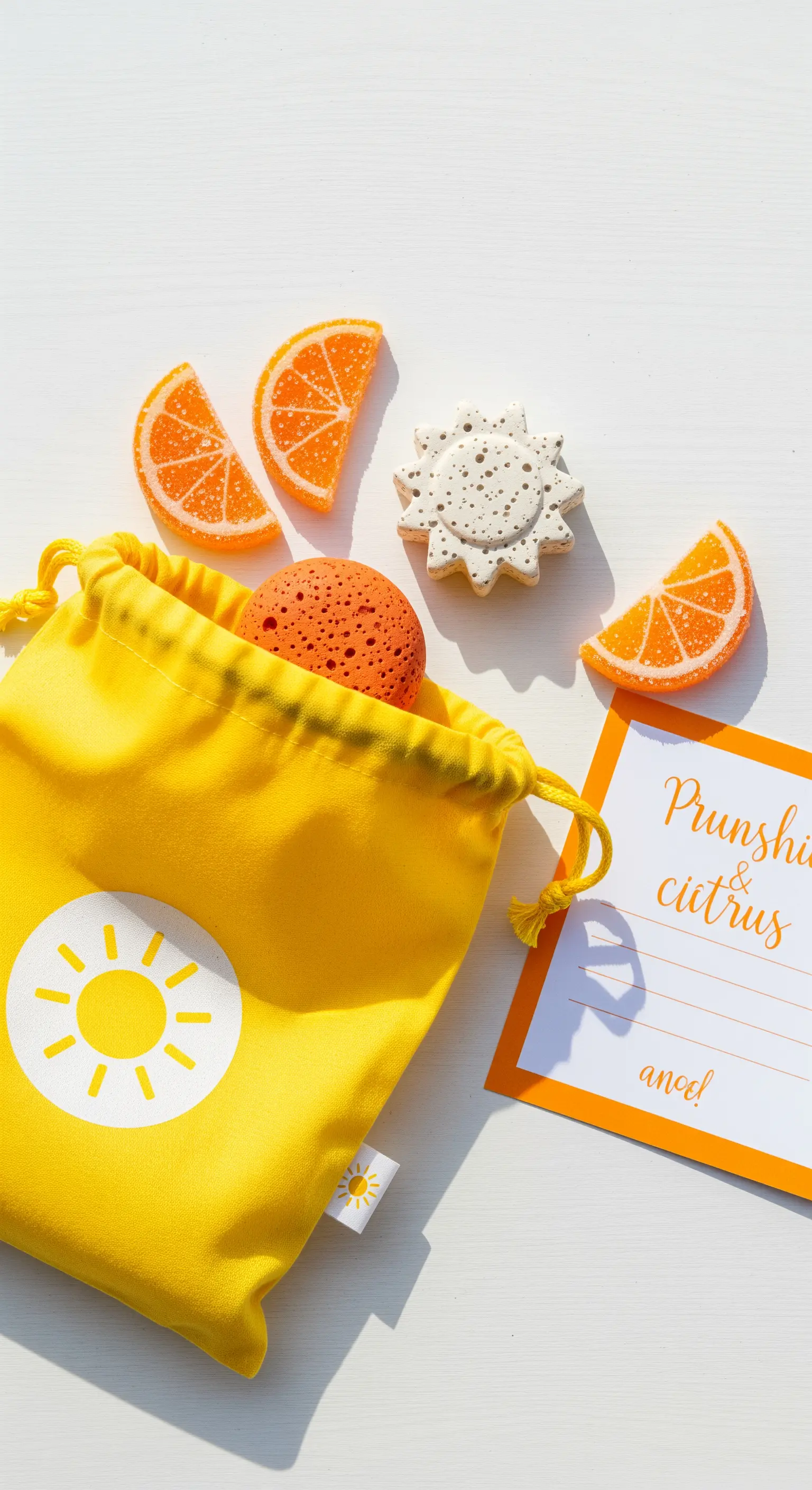 Sacchetto giallo con stampa a forma di sole, riempito con caramelle all'arancia e saponetta.