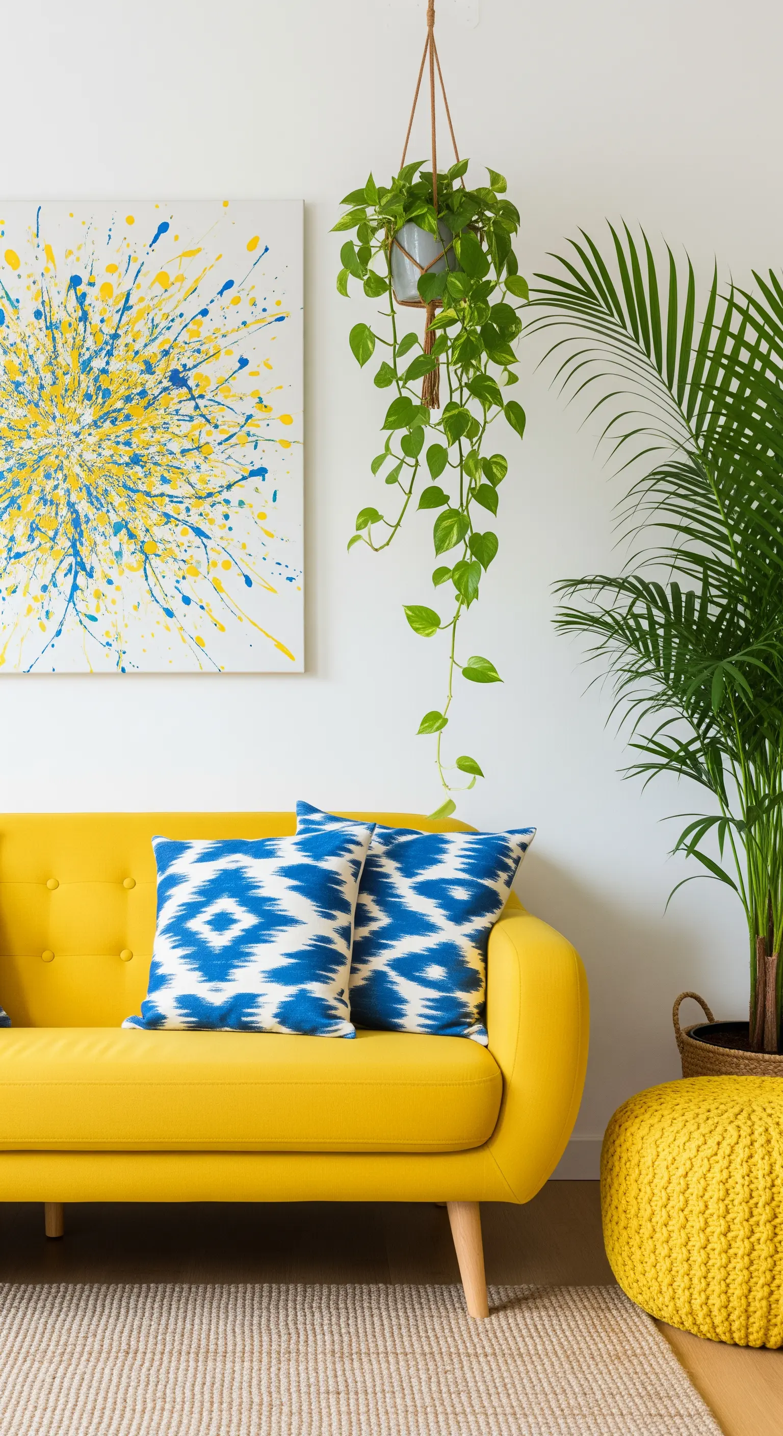 Divano giallo con cuscini ikat blu, un quadro astratto e una pianta pensile.
