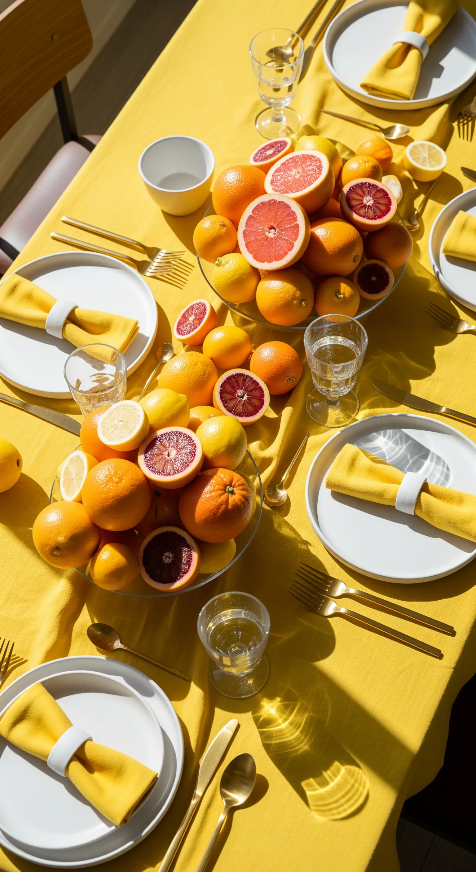 Tavola per brunch con tovaglia gialla, agrumi e posate dorate.