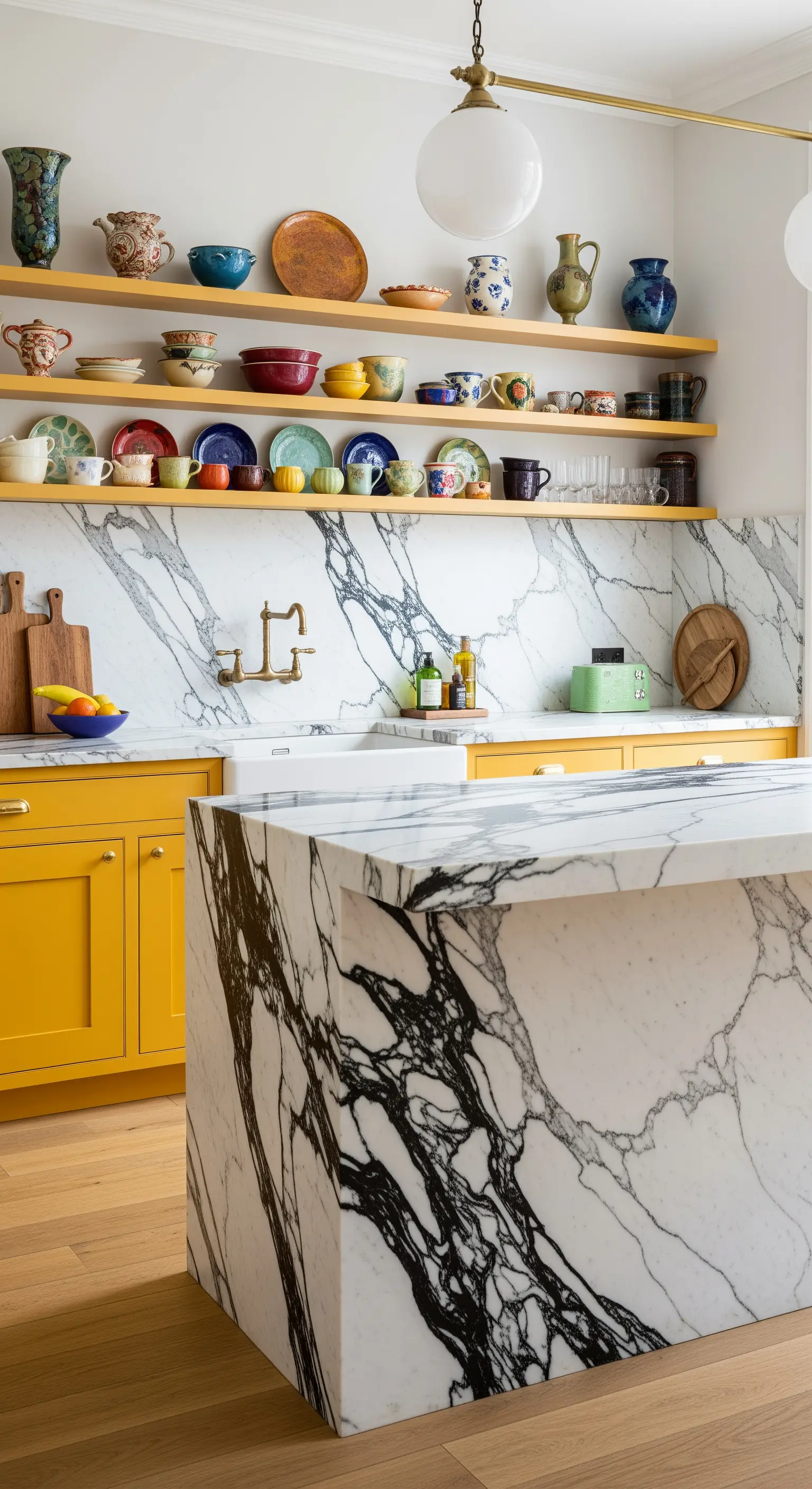 Isola a cascata in marmo bianco e nero in una cucina con mobili giallo acceso e mensole aperte.