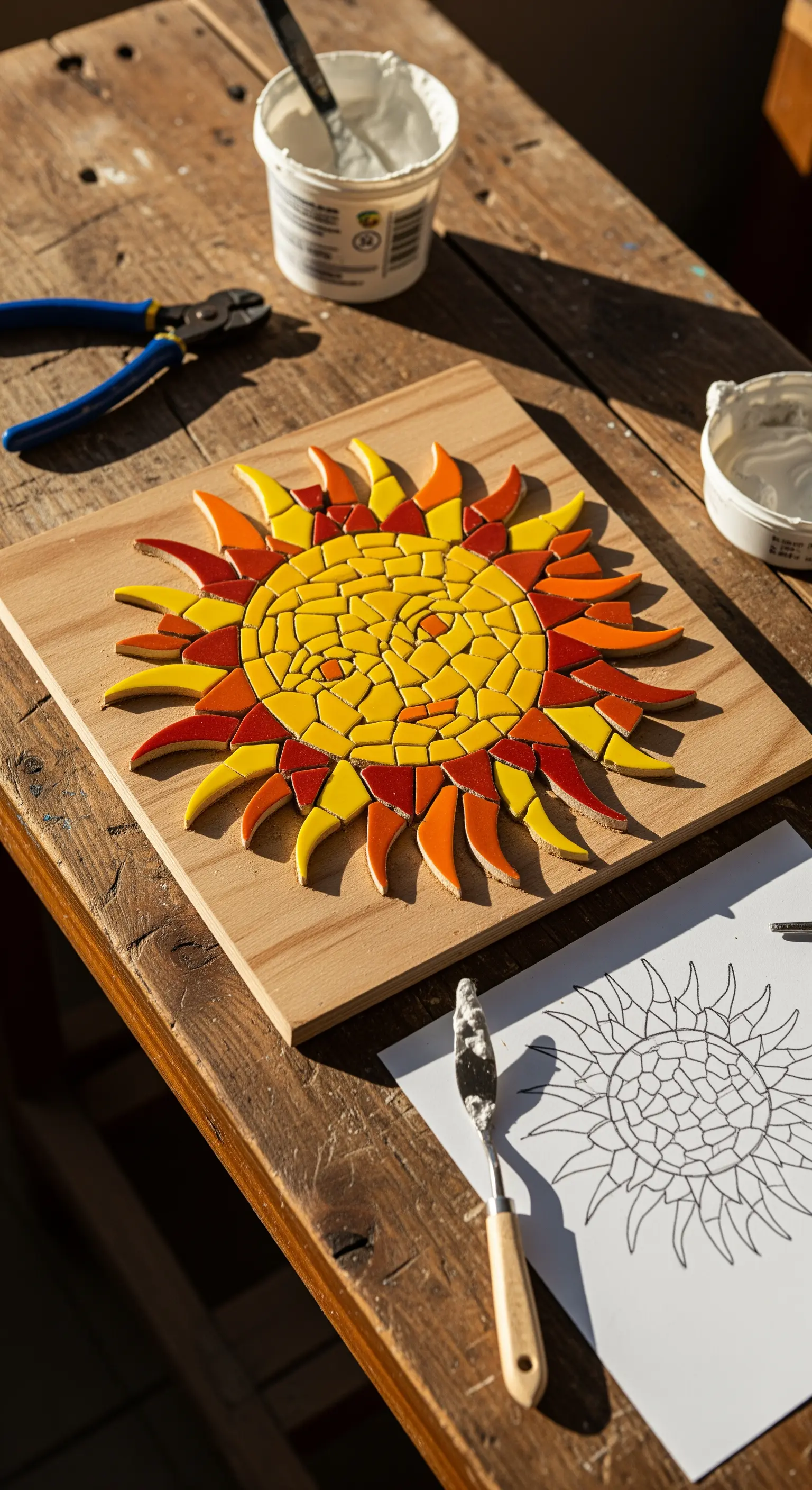 Mosaico a forma di sole con tessere gialle e arancioni su base di legno, illuminato dalla luce.