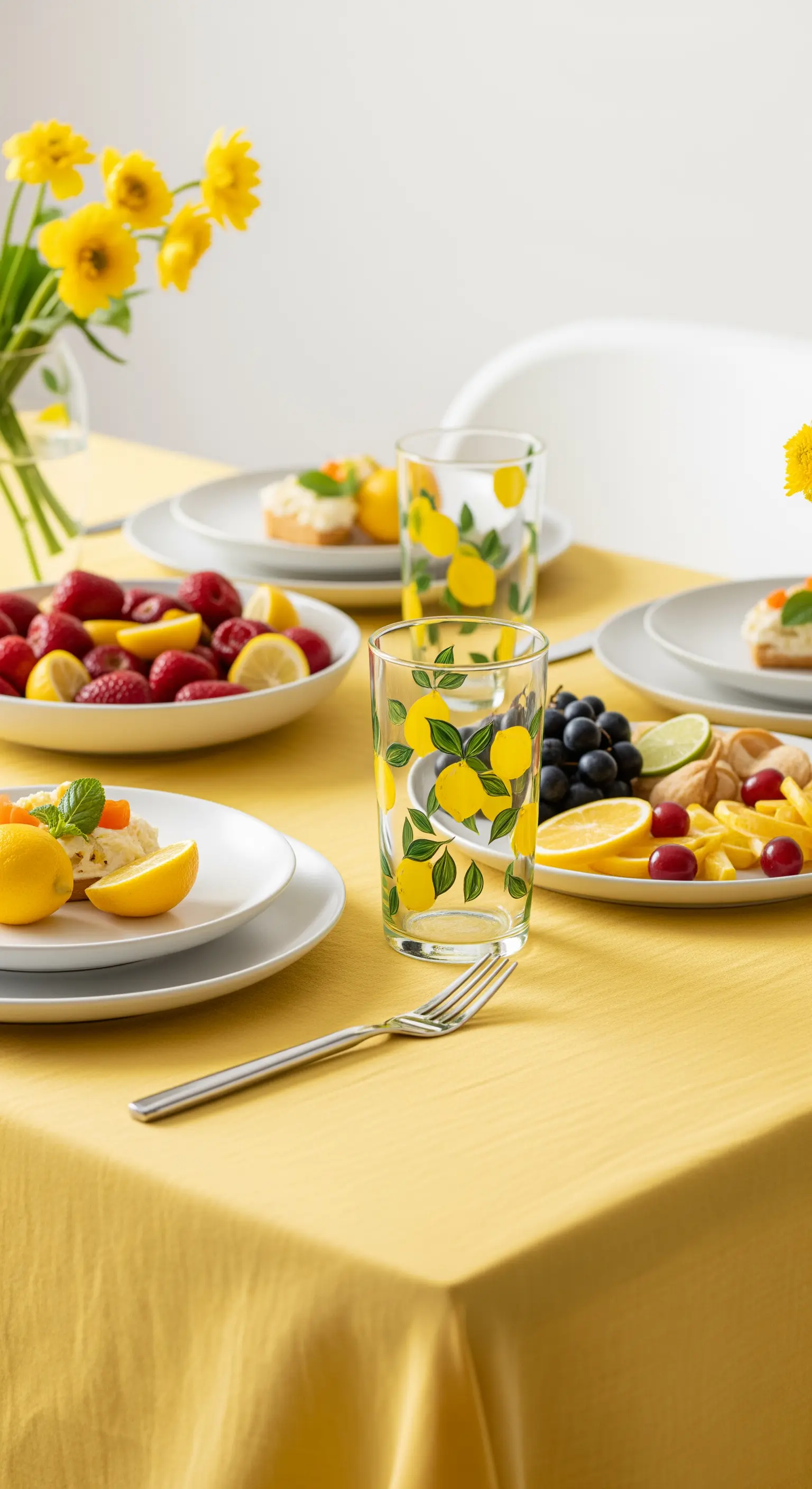 Tavola estiva con tovaglia giallo limone, piatti bianchi e bicchieri decorati con limoni