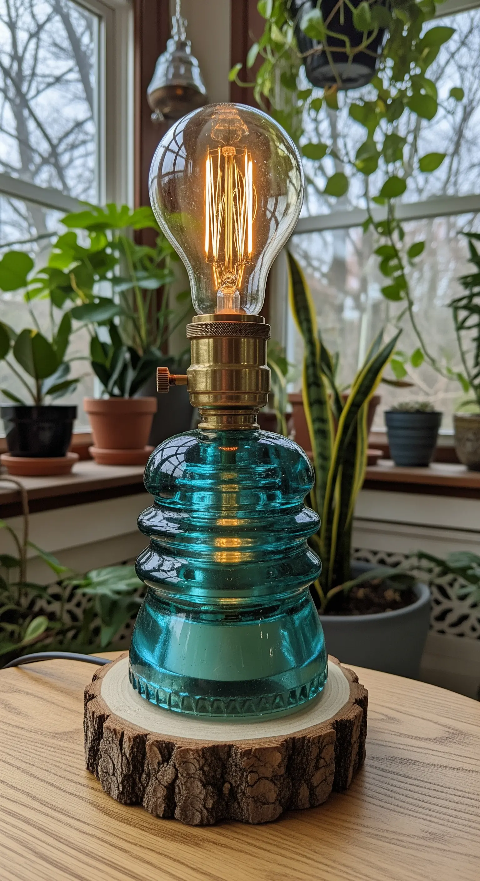 Lampada da tavolo con un isolatore elettrico in vetro turchese su una base di legno a fetta.