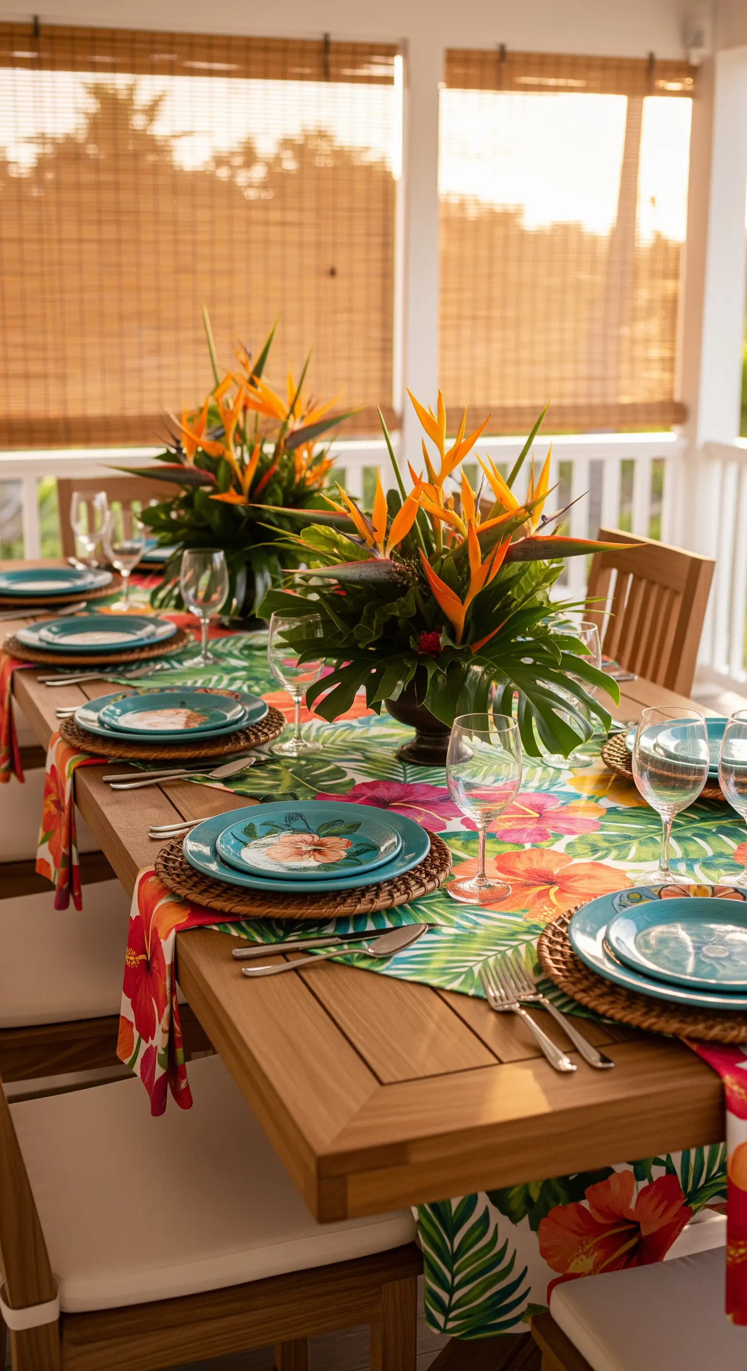 Tavola tropicale con runner floreale, piatti turchesi e fiori esotici arancioni.