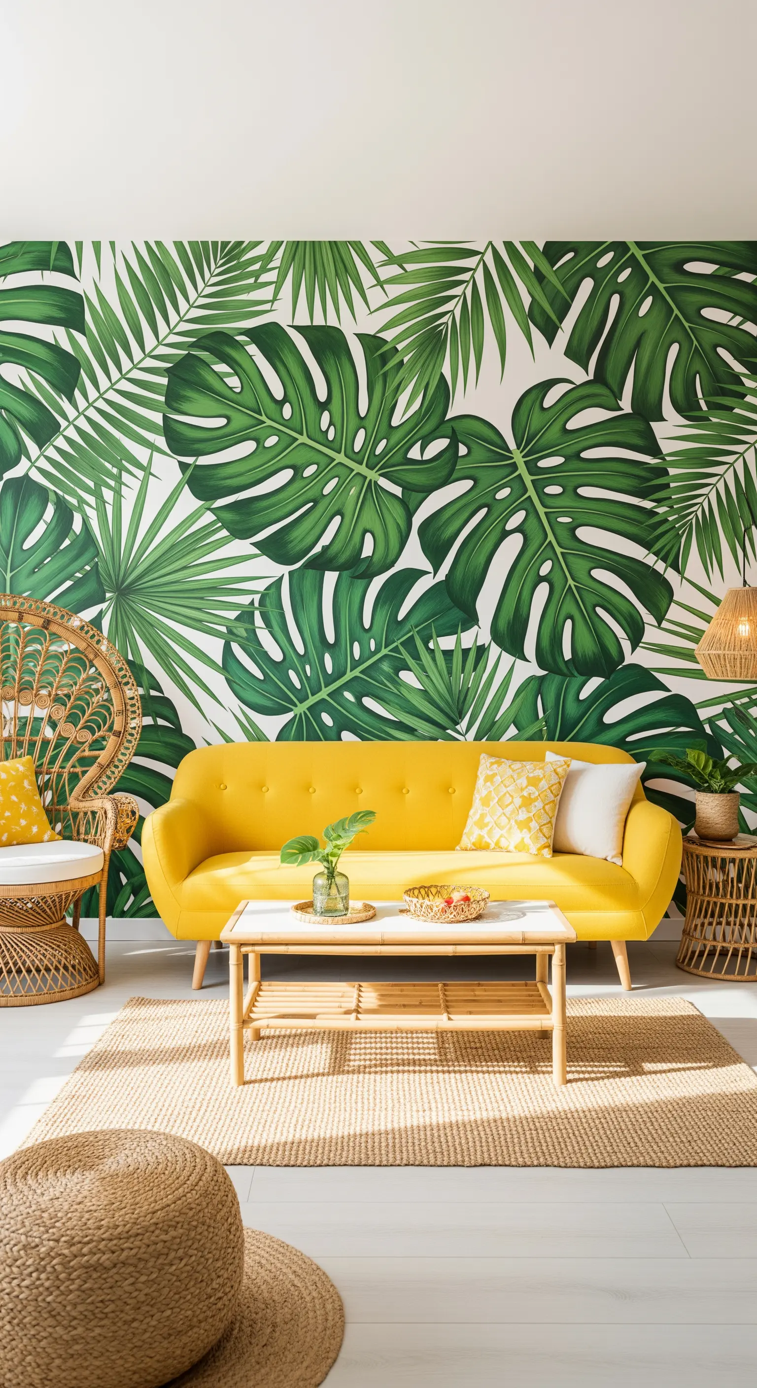 Salotto luminoso con murale a foglie di monstera, divano giallo e sedia in rattan.