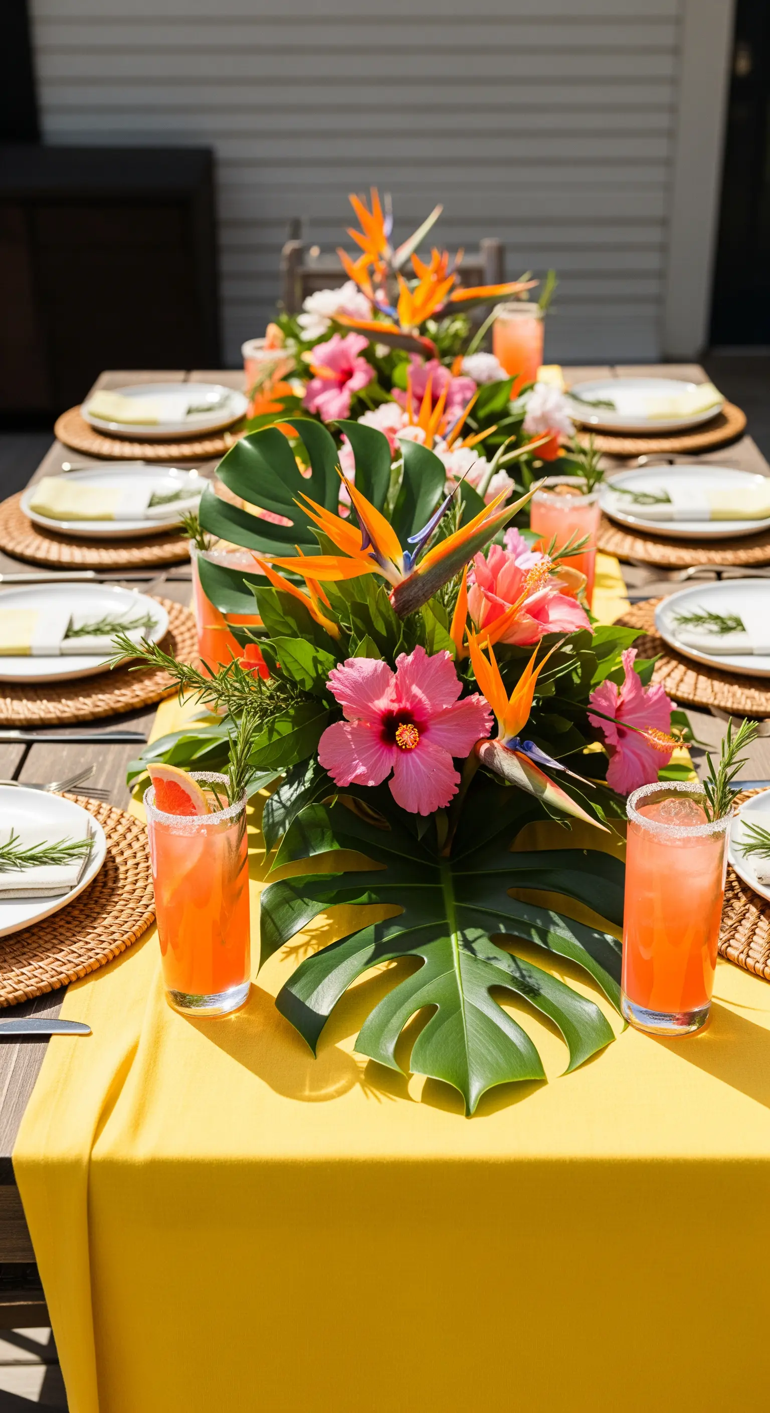Tavola estiva con runner giallo, fiori tropicali arancioni e rosa e cocktail in tinta.