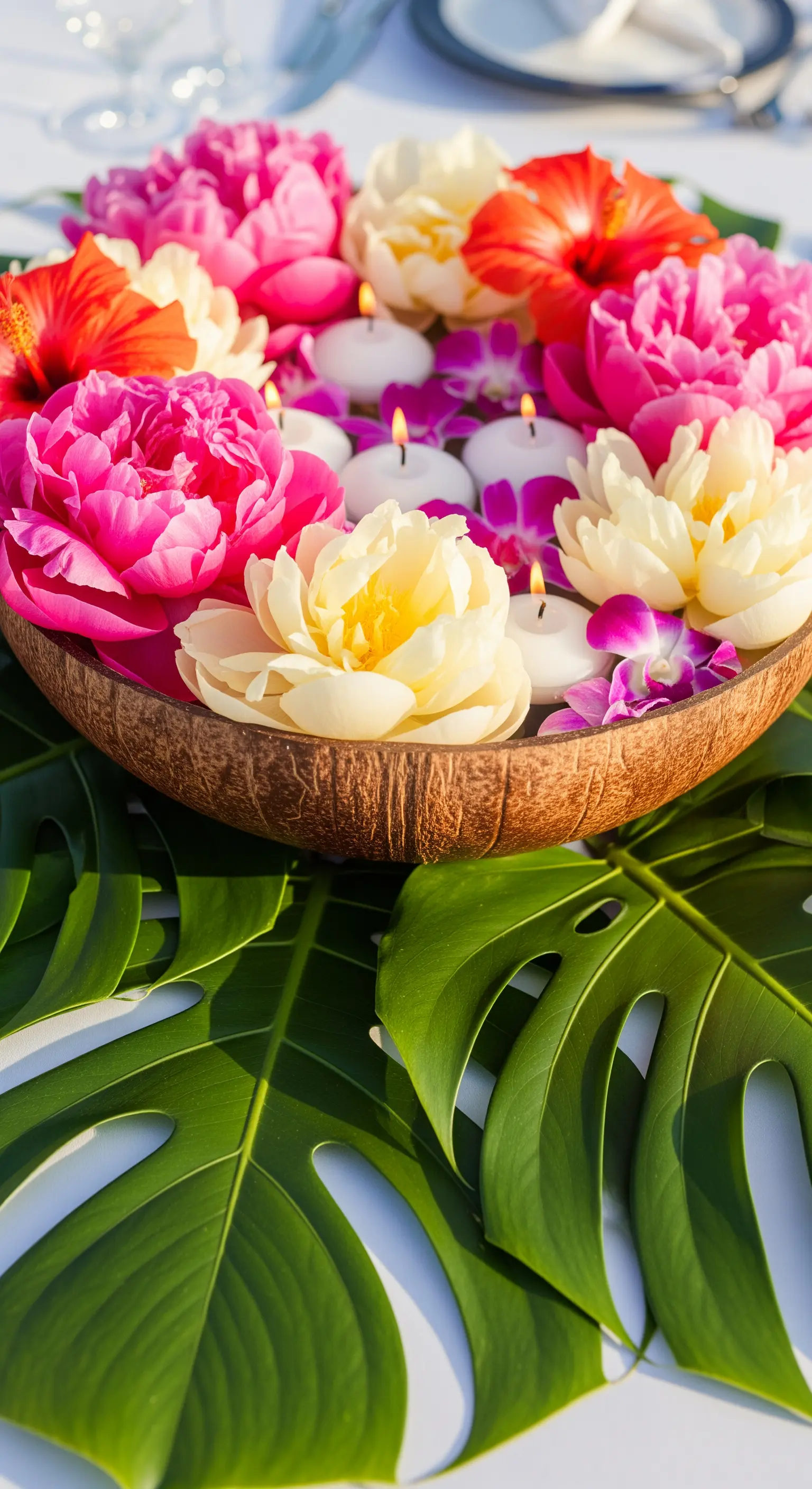Ciotola in guscio di cocco con peonie colorate, fiori tropicali e foglie di monstera.