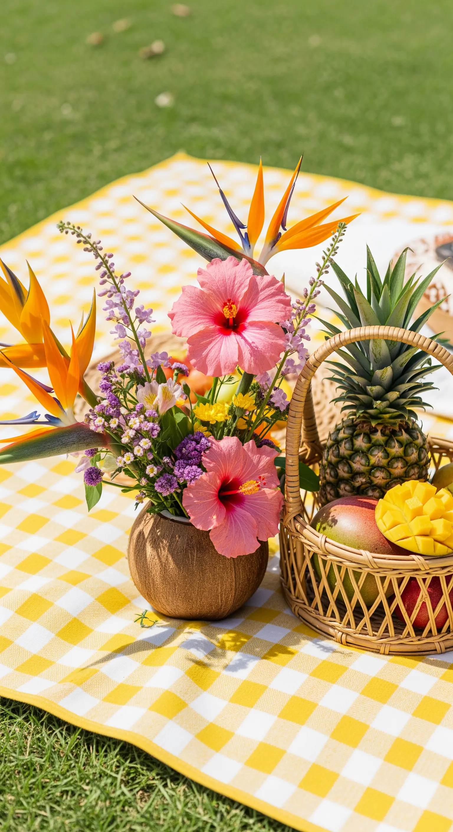 Picnic a tema tropicale con coperta gialla, fiori di ibisco e frutta esotica