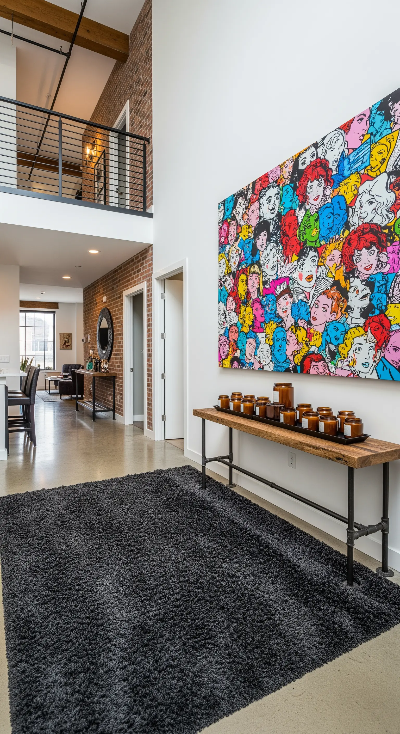 Ingresso in stile loft con un grande quadro pop art, tappeto scuro e parete di mattoni.