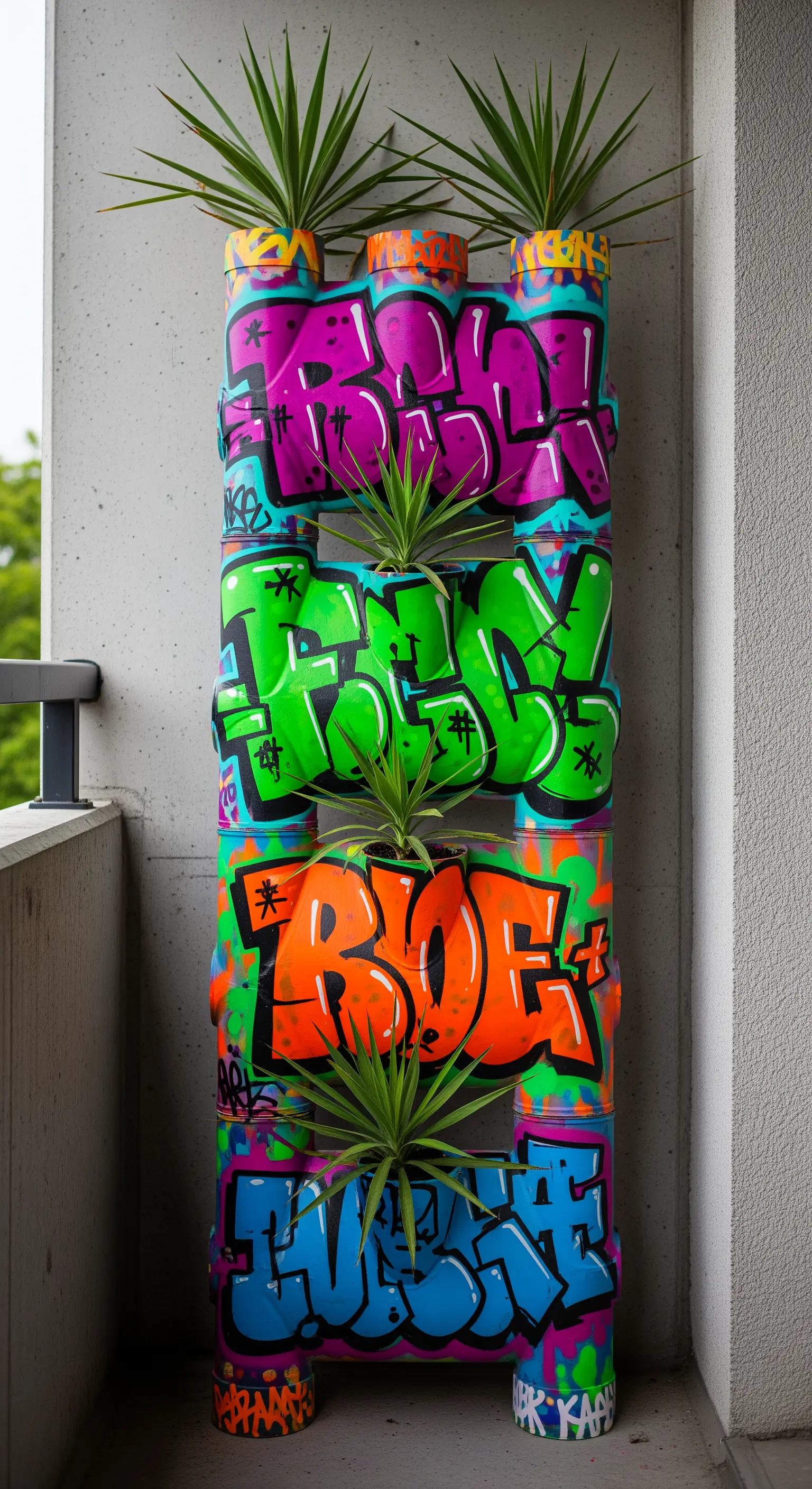 Fioriera verticale in PVC decorata con graffiti colorati e scritte in stile street art.