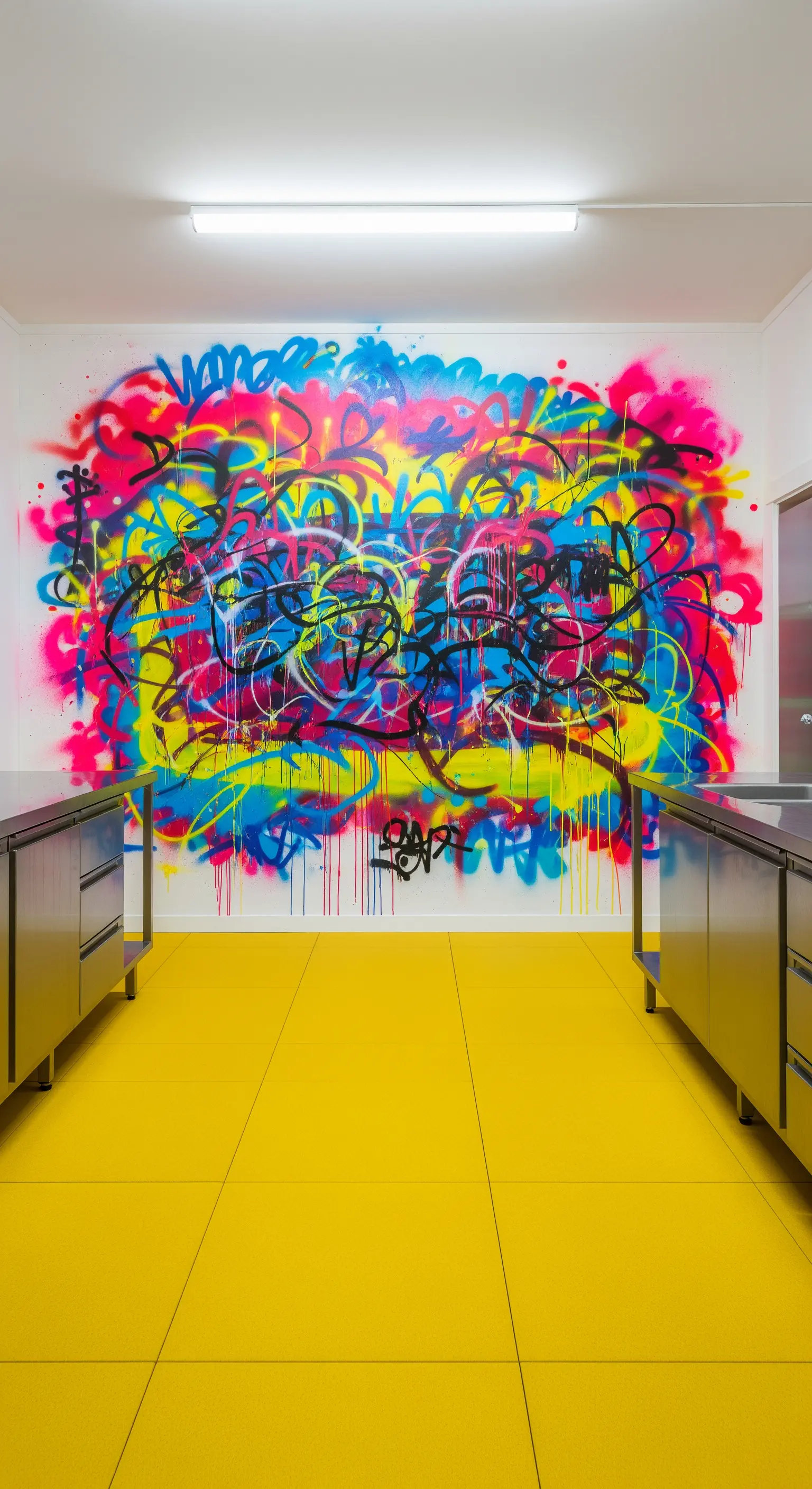 Cucina con mobili in acciaio e un grande murale colorato in stile graffiti sulla parete.
