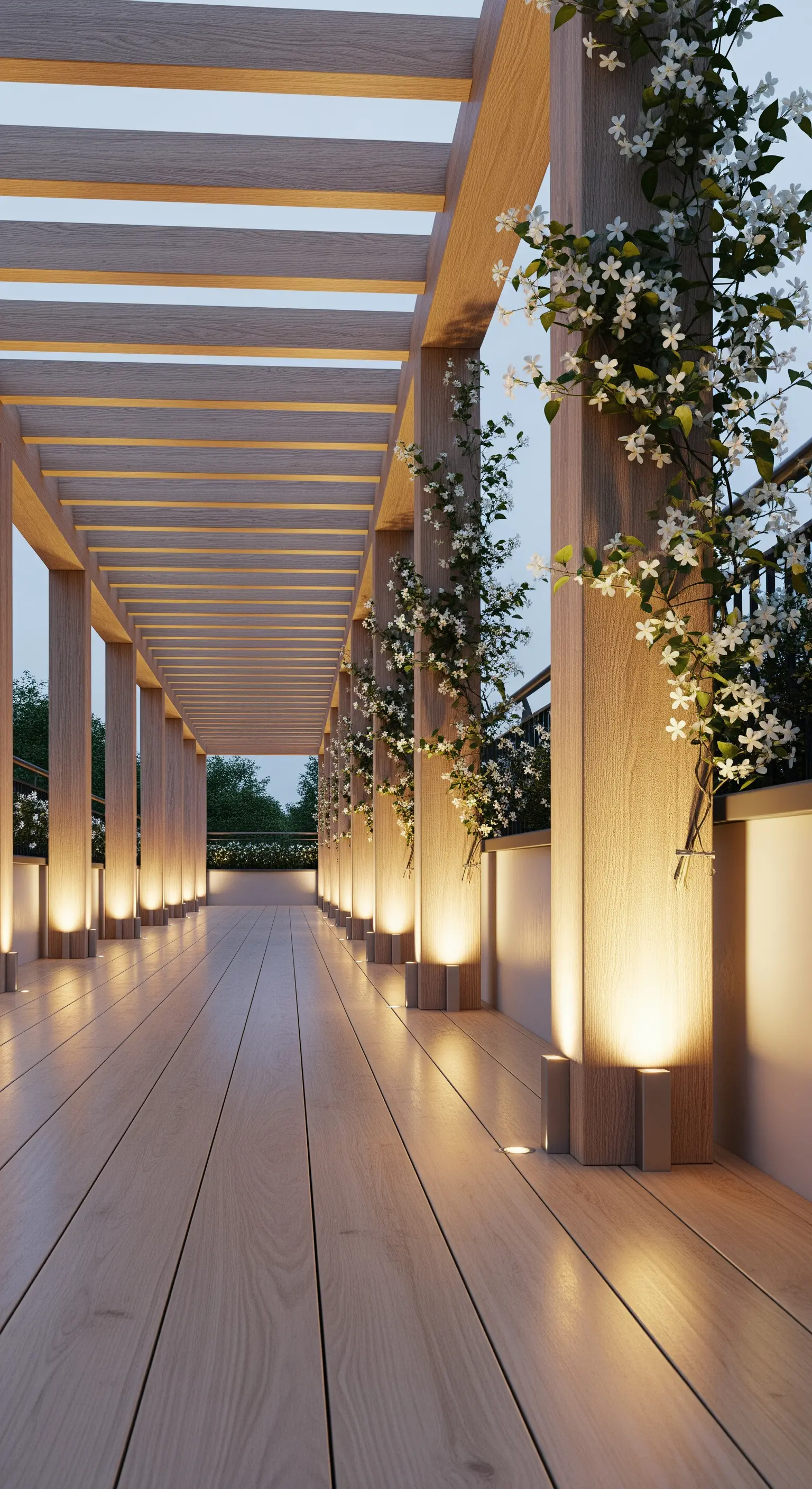Lungo pergolato in legno chiaro con faretti alla base di ogni colonna che illuminano verso l'alto