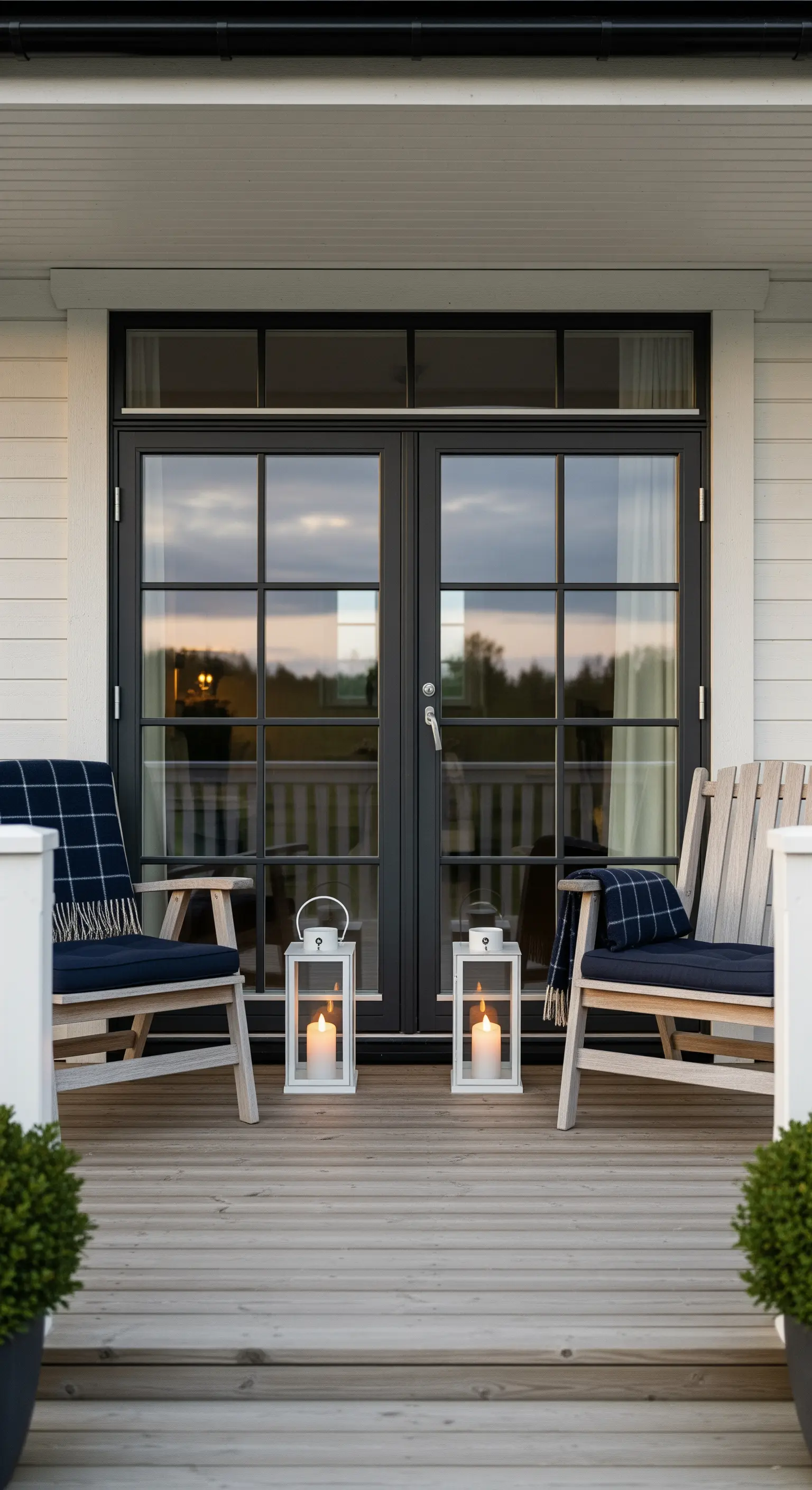 Due poltroncine in legno con plaid blu ai lati di una porta-finestra nera